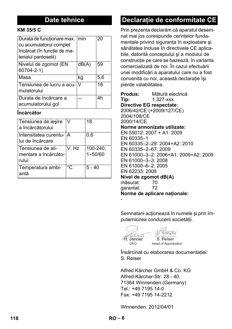 Date tehnice, Declaraţie de conformitate ce | Karcher KM 35-5 C User Manual | Page 118 / 172