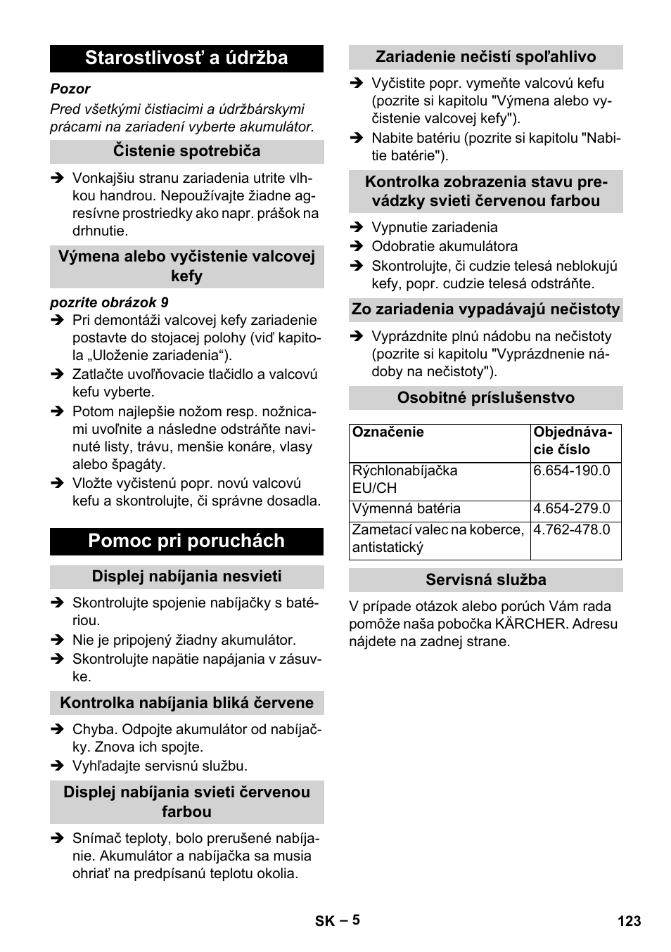 Starostlivosť a údržba, Čistenie spotrebiča, Výmena alebo vyčistenie valcovej kefy | Pomoc pri poruchách, Displej nabíjania nesvieti, Kontrolka nabíjania bliká červene, Displej nabíjania svieti červenou farbou, Zariadenie nečistí spoľahlivo, Zo zariadenia vypadávajú nečistoty, Osobitné príslušenstvo | Karcher KM 35-5 C User Manual | Page 123 / 172