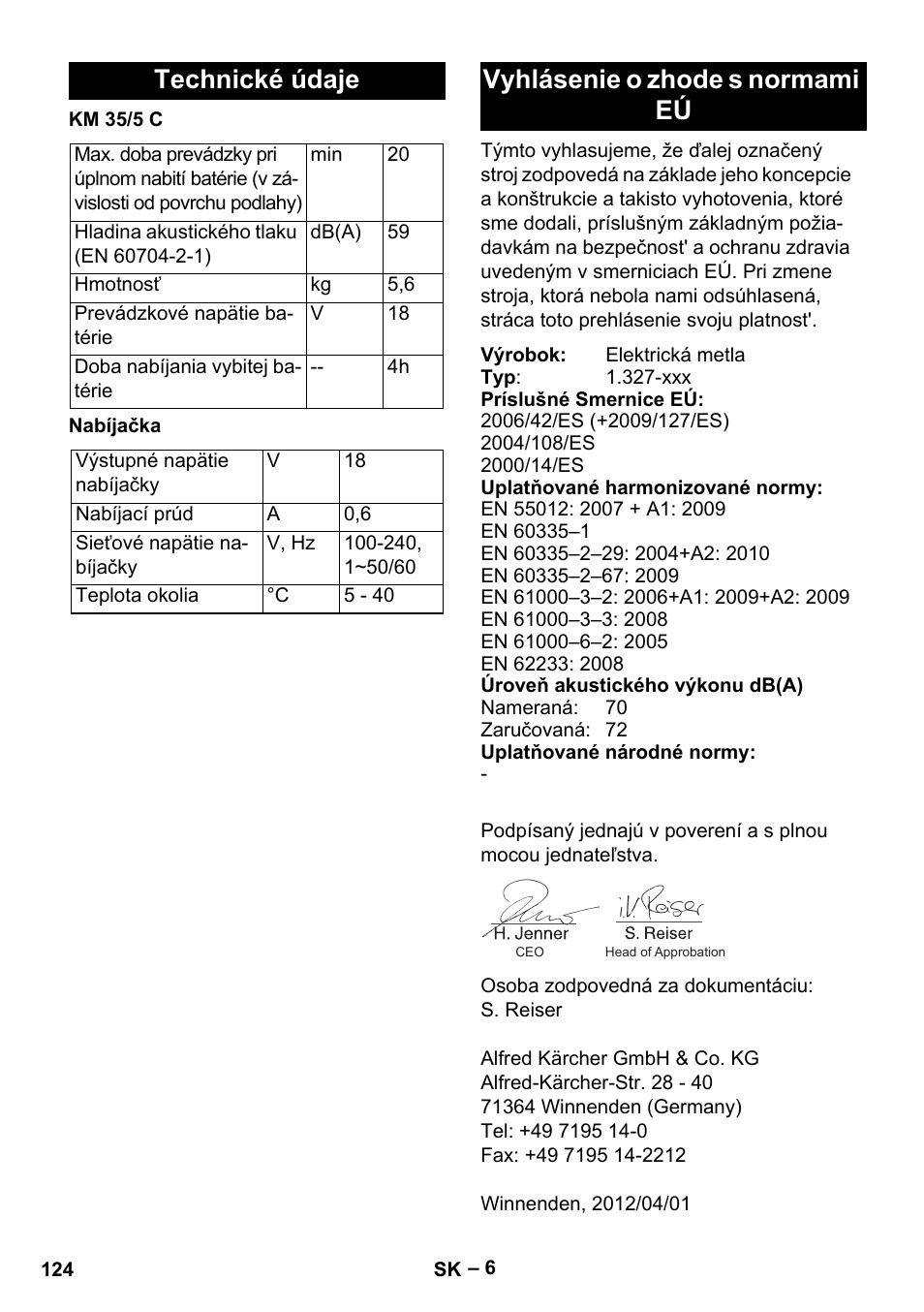 Technické údaje, Vyhlásenie o zhode s normami eú | Karcher KM 35-5 C User Manual | Page 124 / 172