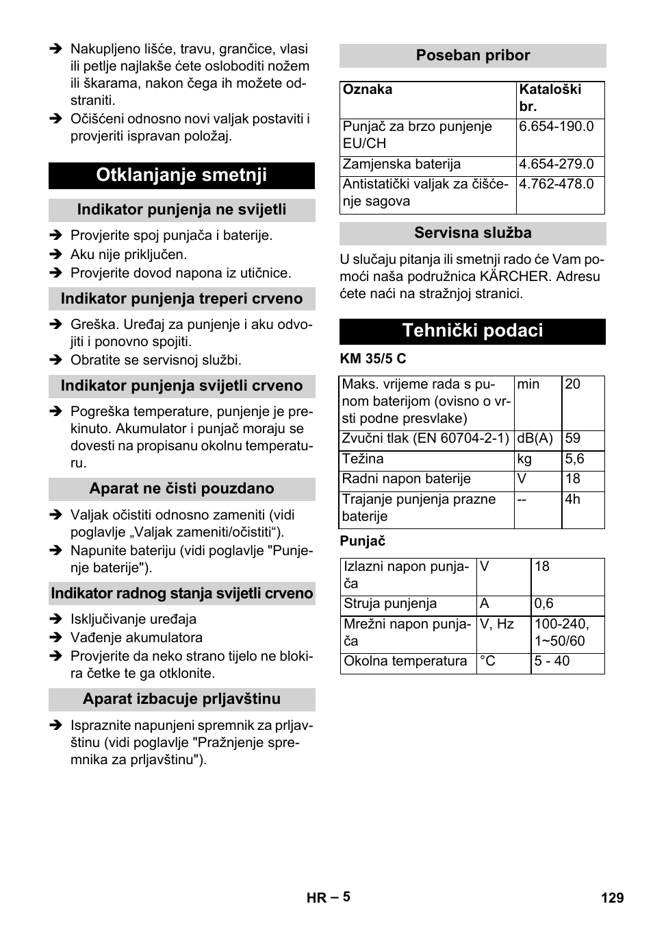 Otklanjanje smetnji, Indikator punjenja ne svijetli, Indikator punjenja treperi crveno | Indikator punjenja svijetli crveno, Aparat ne čisti pouzdano, Indikator radnog stanja svijetli crveno, Aparat izbacuje prljavštinu, Poseban pribor, Servisna služba, Tehnički podaci | Karcher KM 35-5 C User Manual | Page 129 / 172