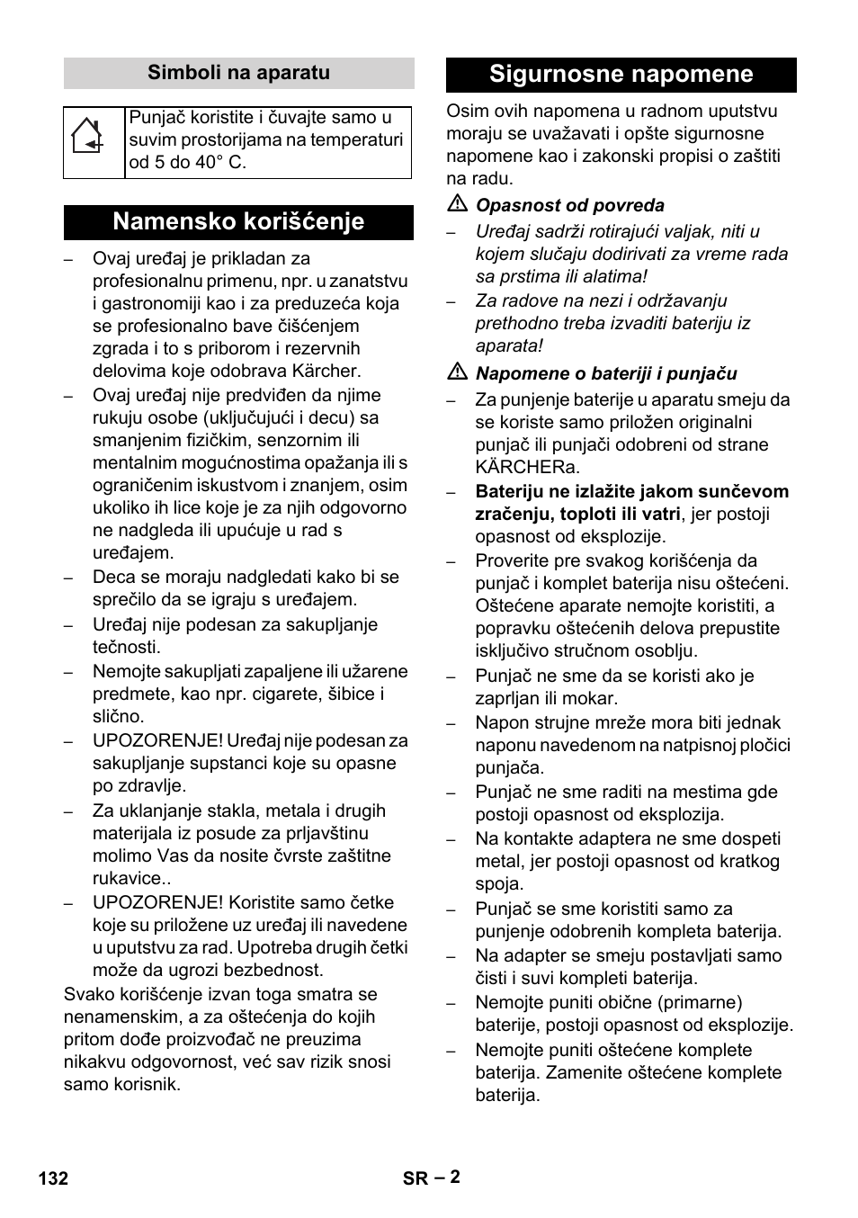 Simboli na aparatu, Namensko korišćenje, Sigurnosne napomene | Namensko korišćenje sigurnosne napomene | Karcher KM 35-5 C User Manual | Page 132 / 172