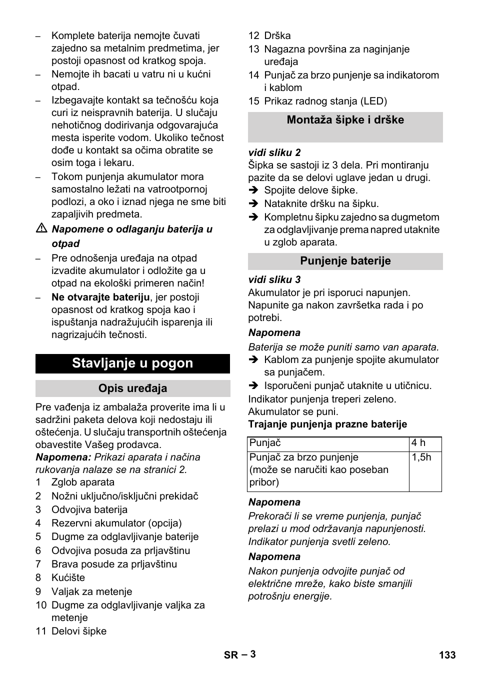 Stavljanje u pogon, Opis uređaja, Montaža šipke i drške | Punjenje baterije | Karcher KM 35-5 C User Manual | Page 133 / 172