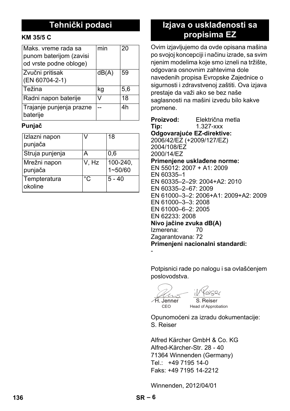 Tehnički podaci, Izjava o usklađenosti sa propisima ez | Karcher KM 35-5 C User Manual | Page 136 / 172