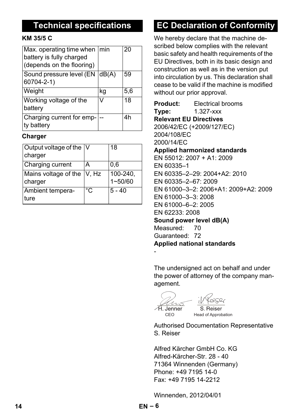 Technical specifications, Ec declaration of conformity | Karcher KM 35-5 C User Manual | Page 14 / 172