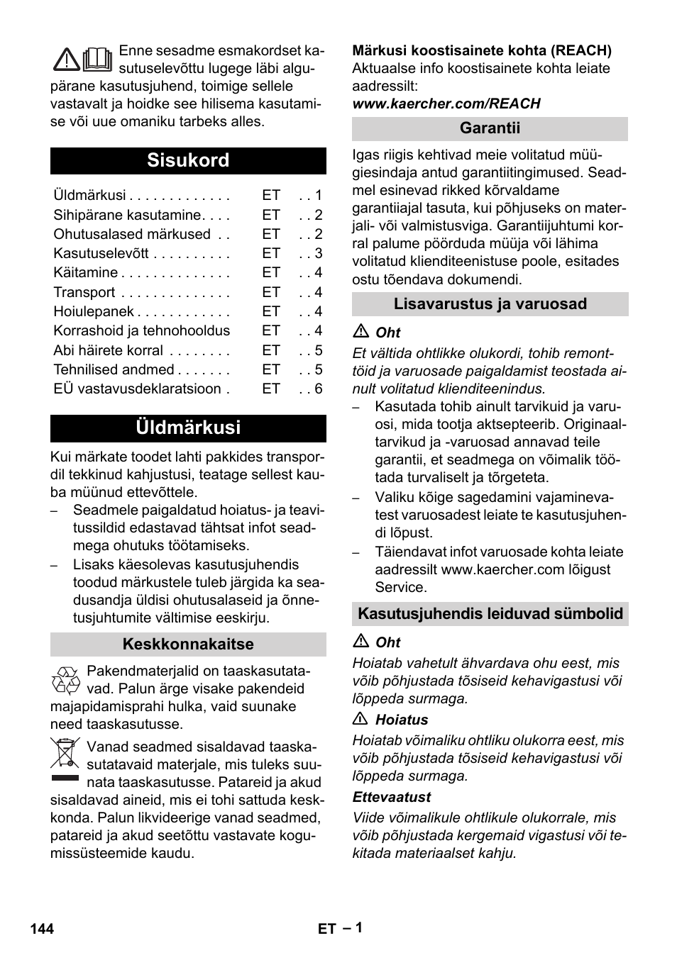 Eesti, Sisukord, Üldmärkusi | Keskkonnakaitse, Garantii, Lisavarustus ja varuosad, Kasutusjuhendis leiduvad sümbolid | Karcher KM 35-5 C User Manual | Page 144 / 172