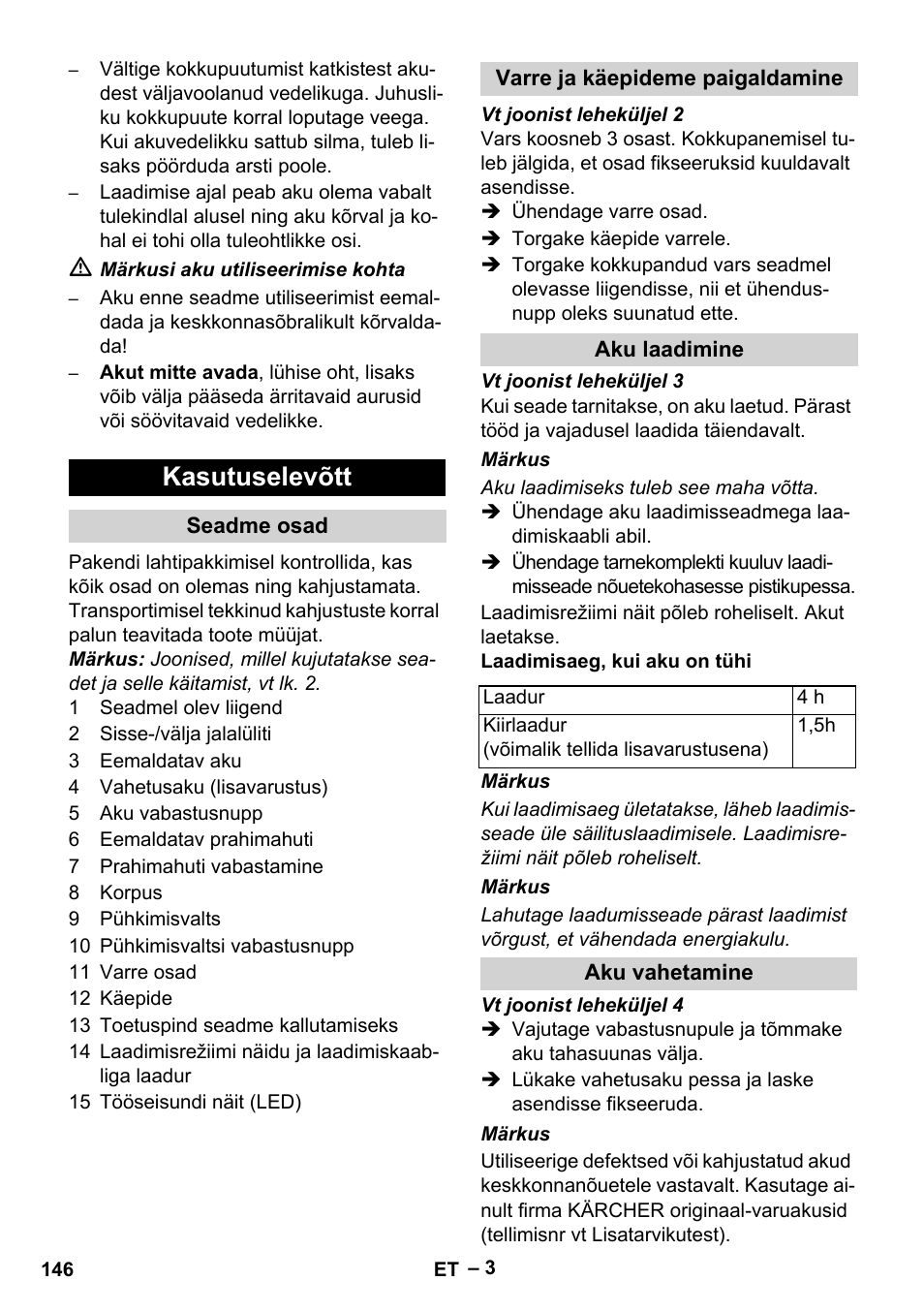 Kasutuselevõtt, Seadme osad, Varre ja käepideme paigaldamine | Aku laadimine, Aku vahetamine | Karcher KM 35-5 C User Manual | Page 146 / 172