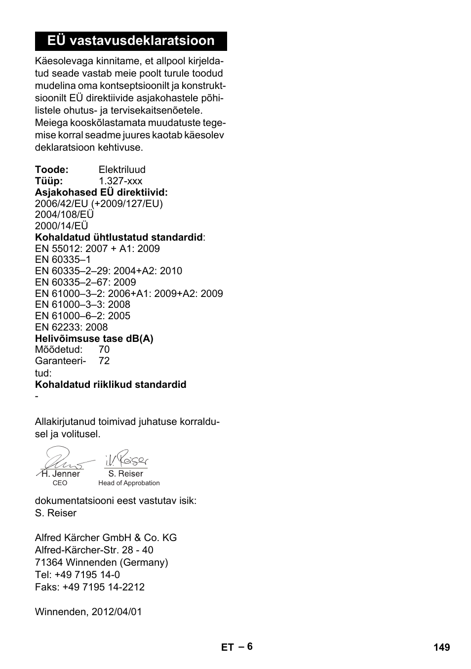 Eü vastavusdeklaratsioon | Karcher KM 35-5 C User Manual | Page 149 / 172
