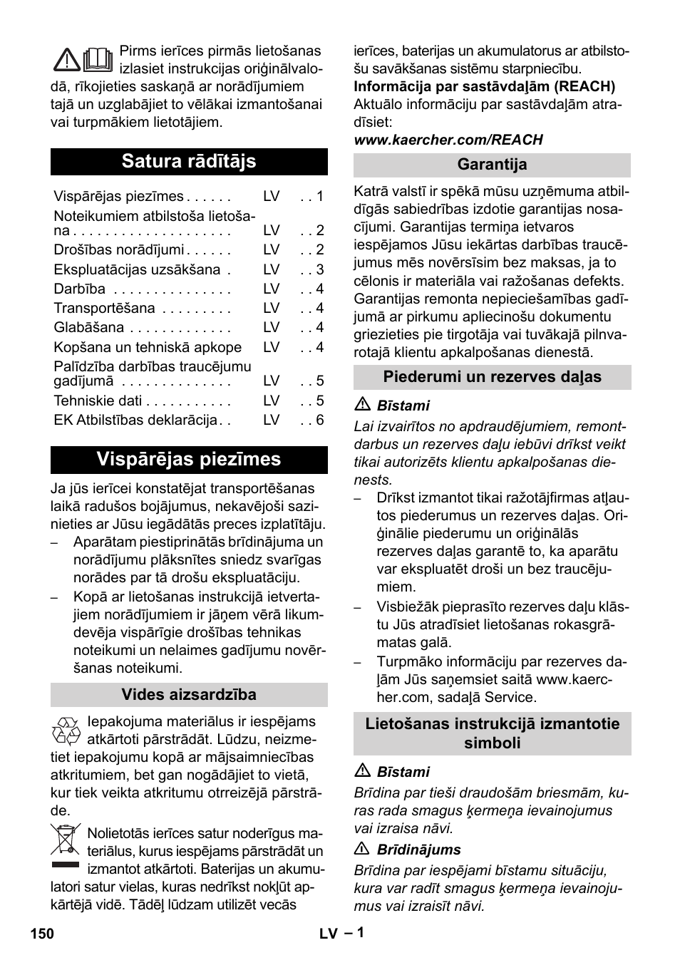 Latviešu, Satura rādītājs, Vispārējas piezīmes | Vides aizsardzība, Garantija, Piederumi un rezerves daļas, Lietošanas instrukcijā izmantotie simboli | Karcher KM 35-5 C User Manual | Page 150 / 172