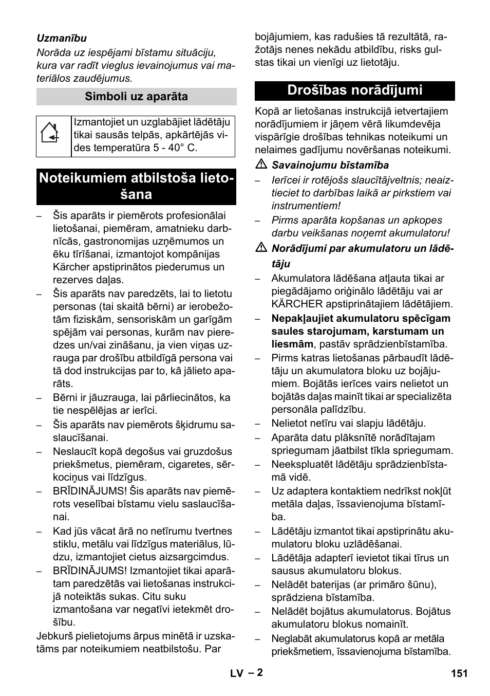 Simboli uz aparāta, Noteikumiem atbilstoša lietošana, Drošības norādījumi | Karcher KM 35-5 C User Manual | Page 151 / 172
