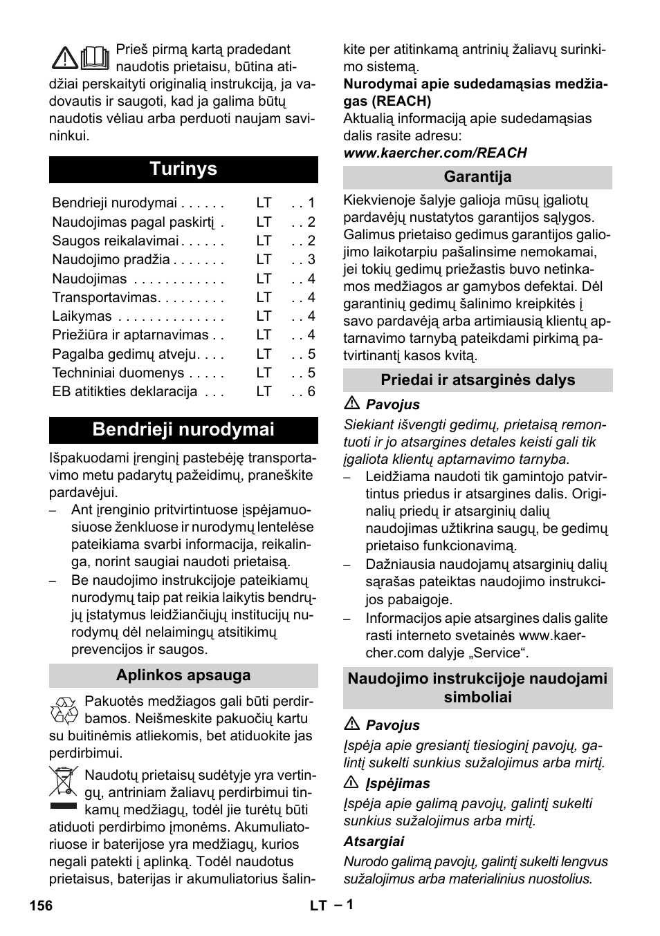 Lietuviškai, Turinys, Bendrieji nurodymai | Aplinkos apsauga, Garantija, Priedai ir atsarginės dalys, Naudojimo instrukcijoje naudojami simboliai | Karcher KM 35-5 C User Manual | Page 156 / 172
