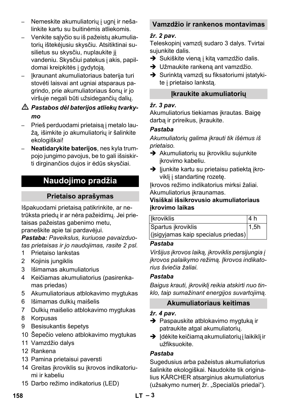 Naudojimo pradžia, Prietaiso aprašymas, Vamzdžio ir rankenos montavimas | Įkraukite akumuliatorių, Akumuliatoriaus keitimas | Karcher KM 35-5 C User Manual | Page 158 / 172