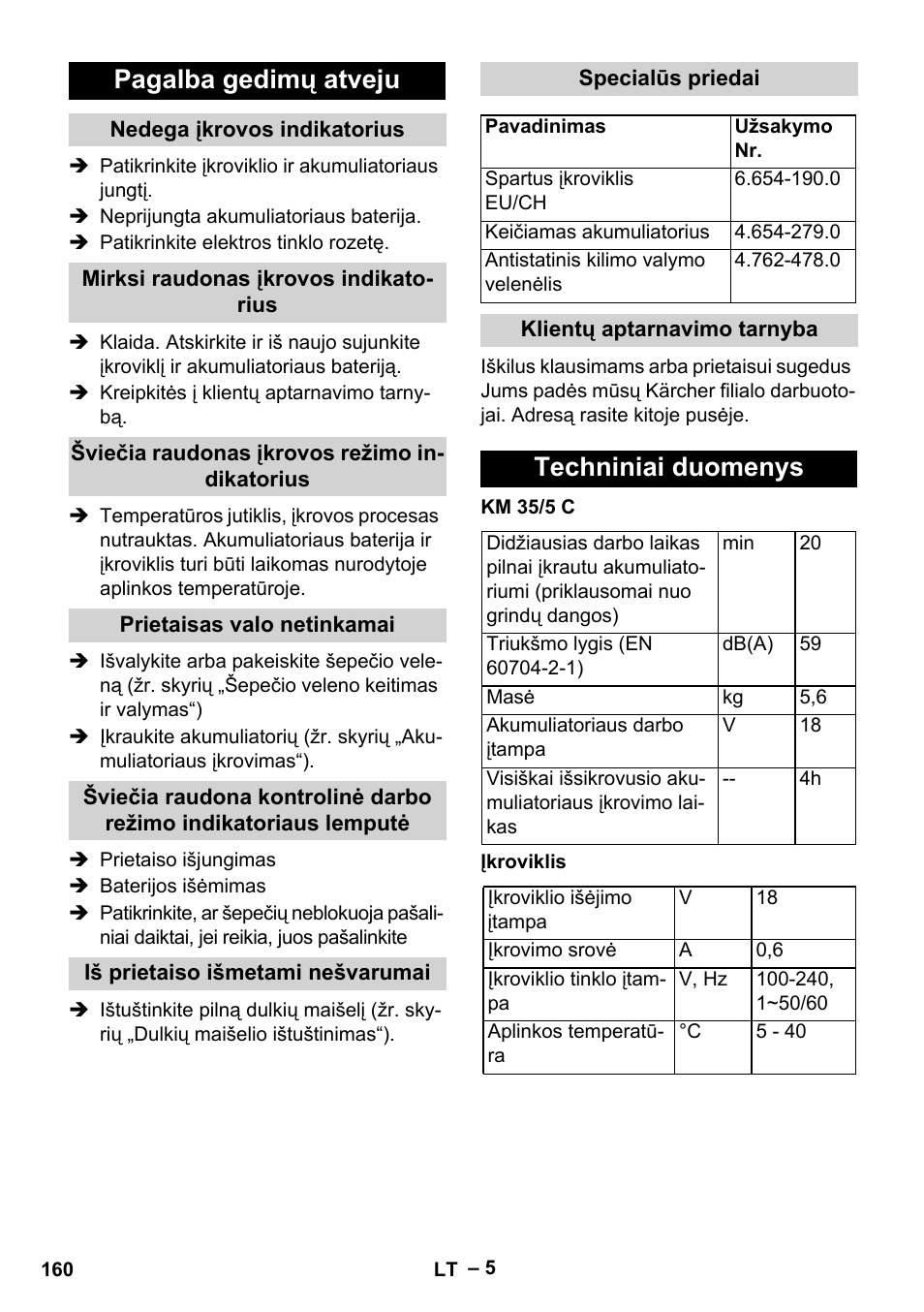 Pagalba gedimų atveju, Nedega įkrovos indikatorius, Mirksi raudonas įkrovos indikatorius | Šviečia raudonas įkrovos režimo indikatorius, Prietaisas valo netinkamai, Iš prietaiso išmetami nešvarumai, Specialūs priedai, Klientų aptarnavimo tarnyba, Techniniai duomenys | Karcher KM 35-5 C User Manual | Page 160 / 172