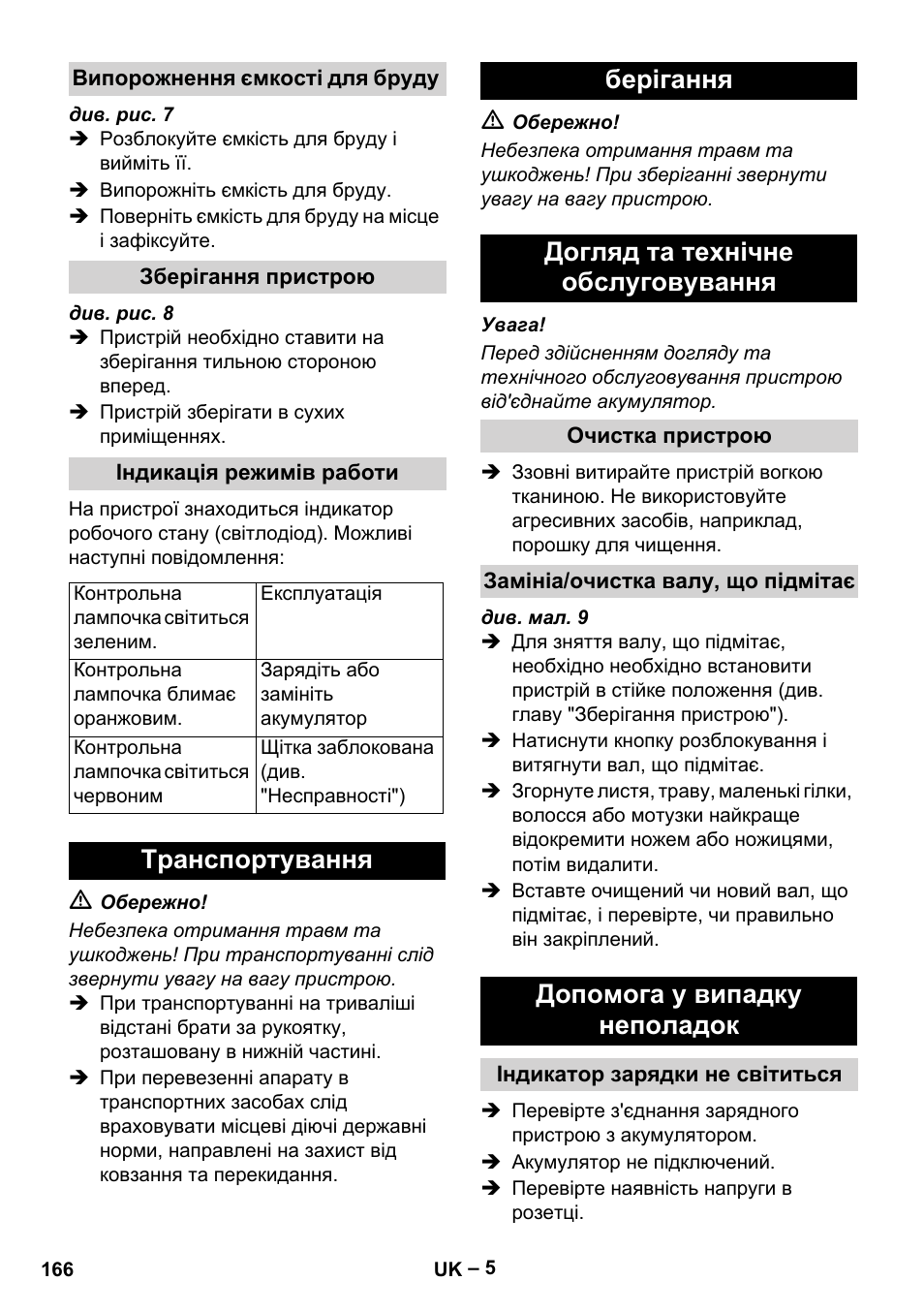 Випорожнення ємкості для бруду, Зберігання пристрою, Індикація режимів работи | Транспортування, Берігання, Догляд та технічне обслуговування, Очистка пристрою, Замініа/очистка валу, що підмітає, Допомога у випадку неполадок, Індикатор зарядки не світиться | Karcher KM 35-5 C User Manual | Page 166 / 172