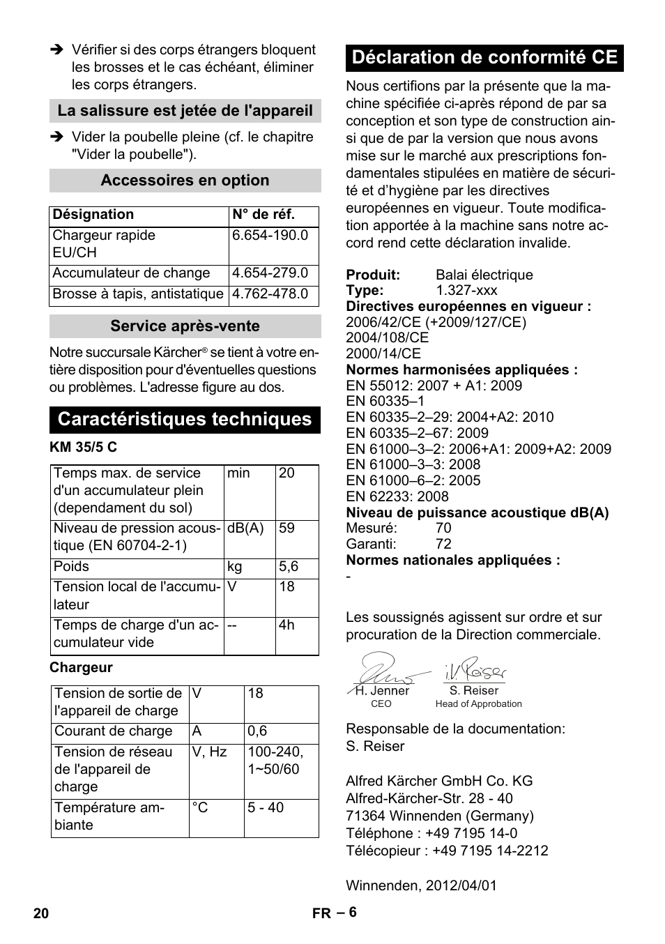 La salissure est jetée de l'appareil, Accessoires en option, Service après-vente | Caractéristiques techniques, Déclaration de conformité ce | Karcher KM 35-5 C User Manual | Page 20 / 172