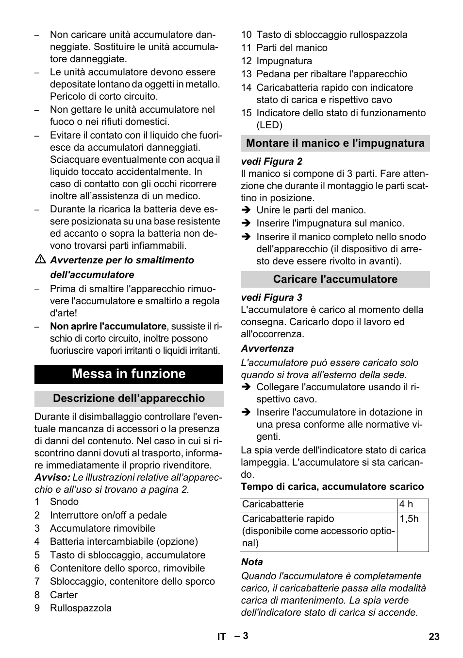 Messa in funzione, Descrizione dell’apparecchio, Montare il manico e l'impugnatura | Caricare l'accumulatore | Karcher KM 35-5 C User Manual | Page 23 / 172