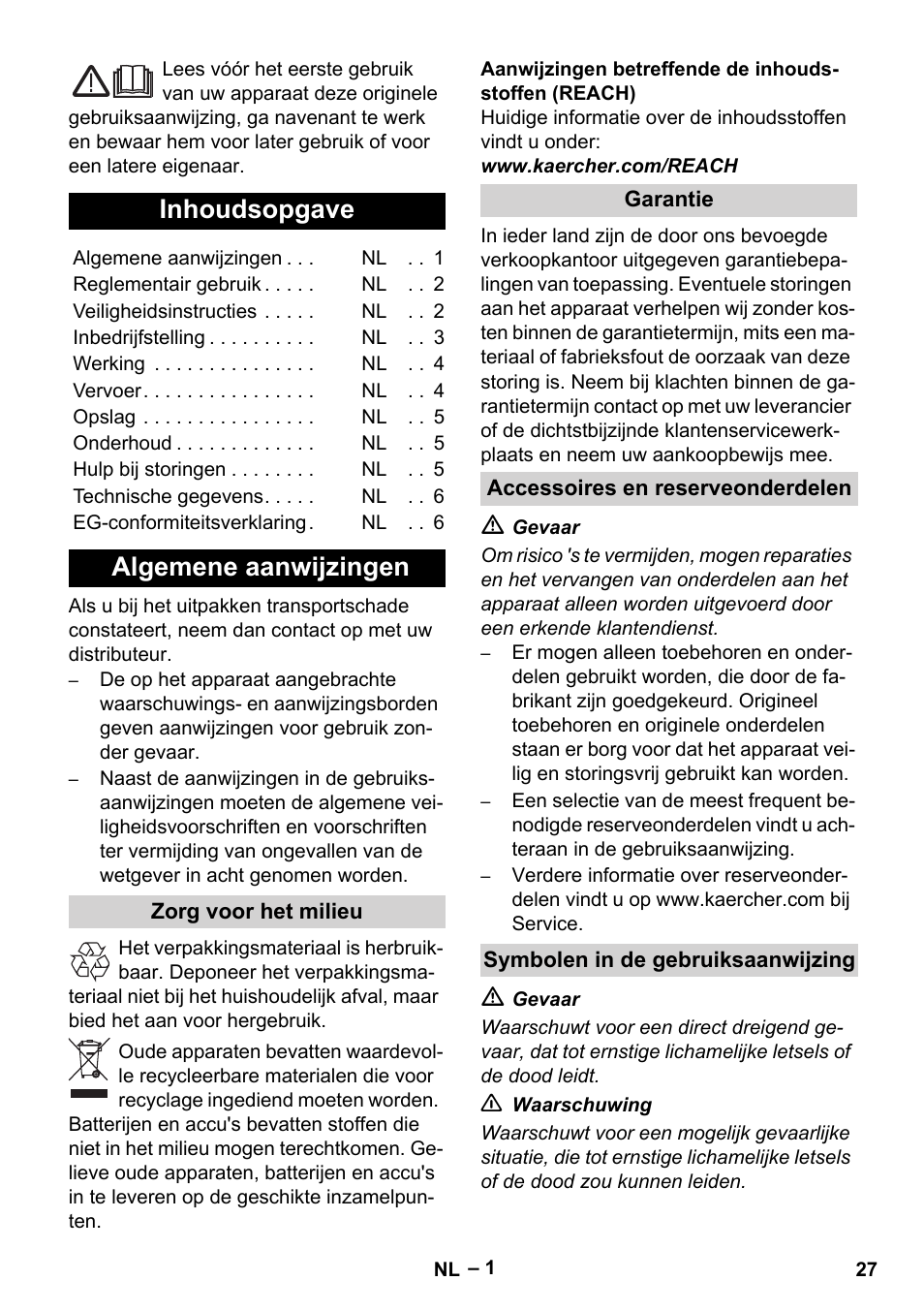 Nederlands, Inhoudsopgave, Algemene aanwijzingen | Zorg voor het milieu, Garantie, Accessoires en reserveonderdelen, Symbolen in de gebruiksaanwijzing | Karcher KM 35-5 C User Manual | Page 27 / 172