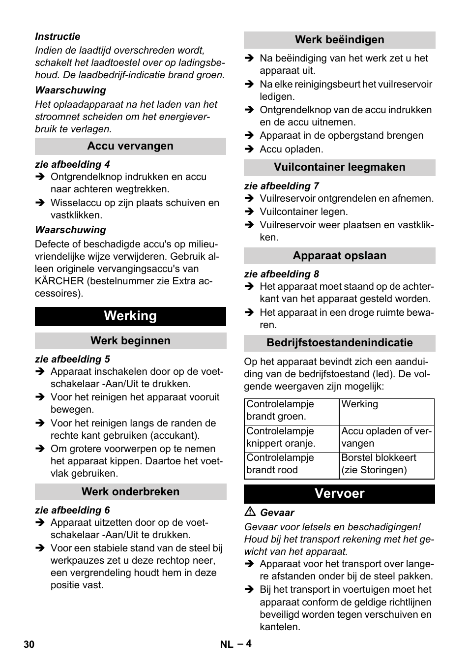 Accu vervangen, Werking, Werk beginnen | Werk onderbreken, Werk beëindigen, Vuilcontainer leegmaken, Apparaat opslaan, Bedrijfstoestandenindicatie, Vervoer | Karcher KM 35-5 C User Manual | Page 30 / 172