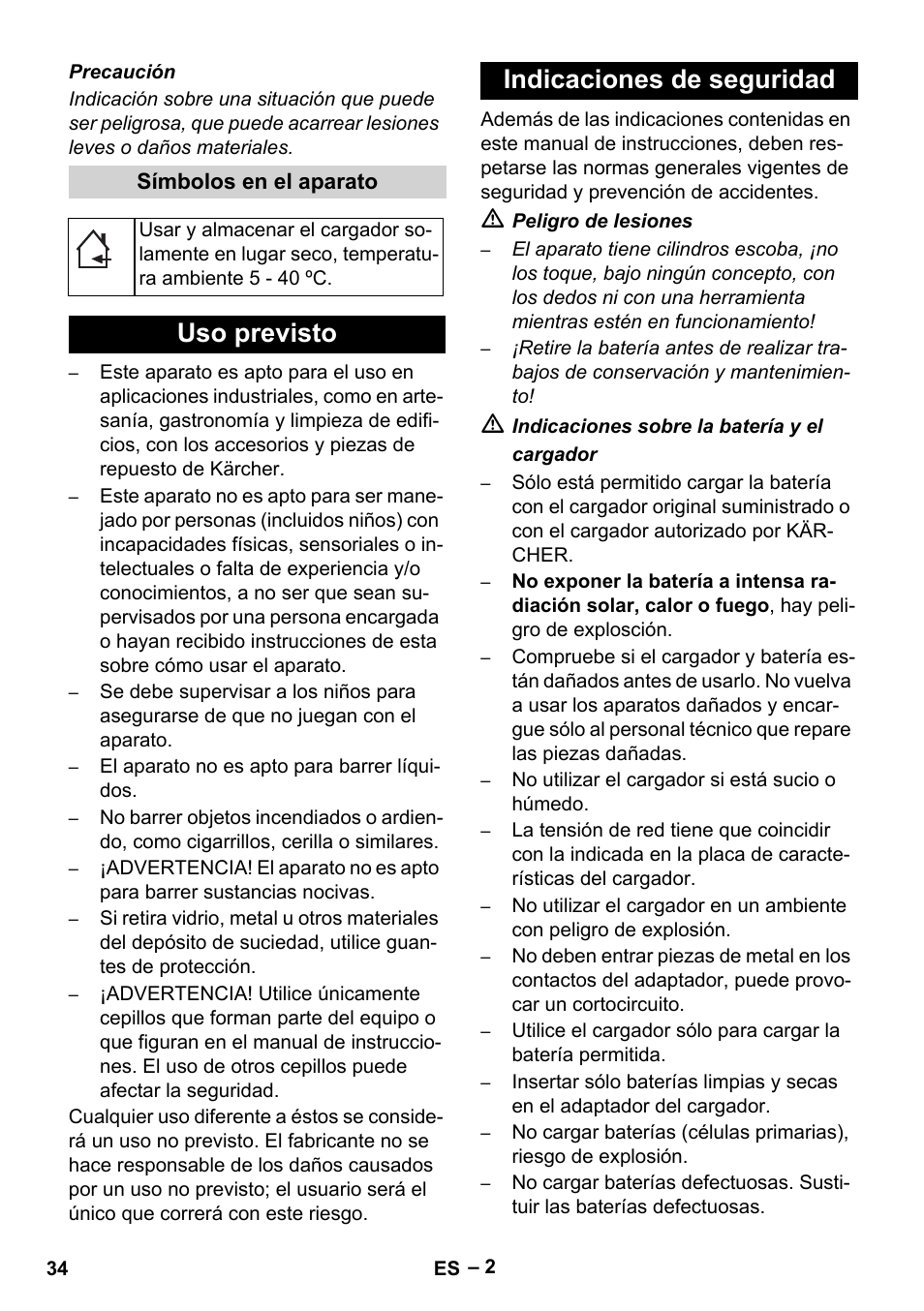 Símbolos en el aparato, Uso previsto, Indicaciones de seguridad | Uso previsto indicaciones de seguridad | Karcher KM 35-5 C User Manual | Page 34 / 172