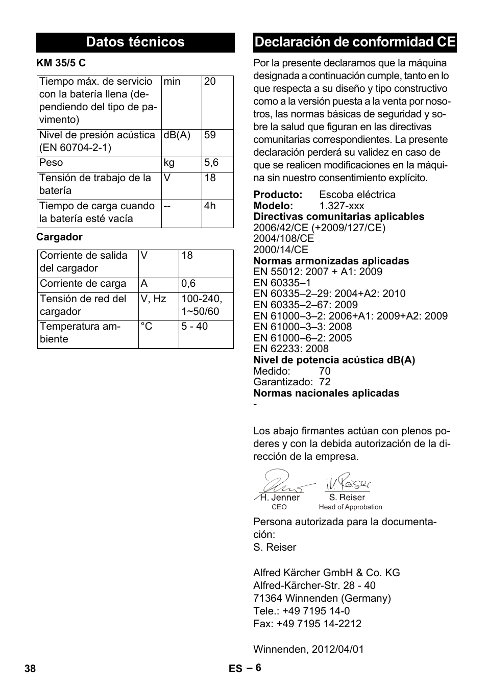 Datos técnicos, Declaración de conformidad ce | Karcher KM 35-5 C User Manual | Page 38 / 172