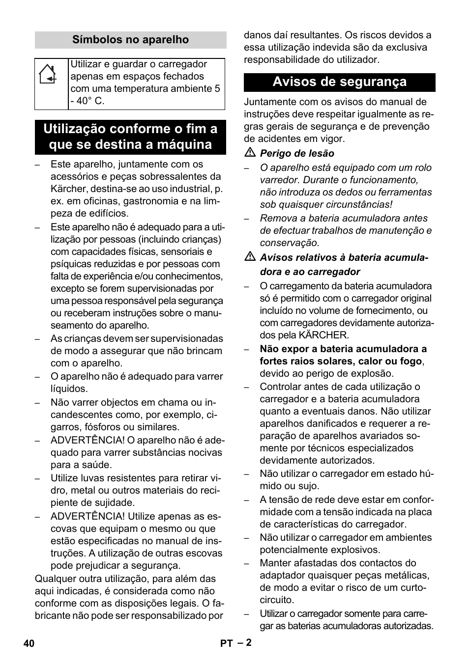 Símbolos no aparelho, Avisos de segurança | Karcher KM 35-5 C User Manual | Page 40 / 172