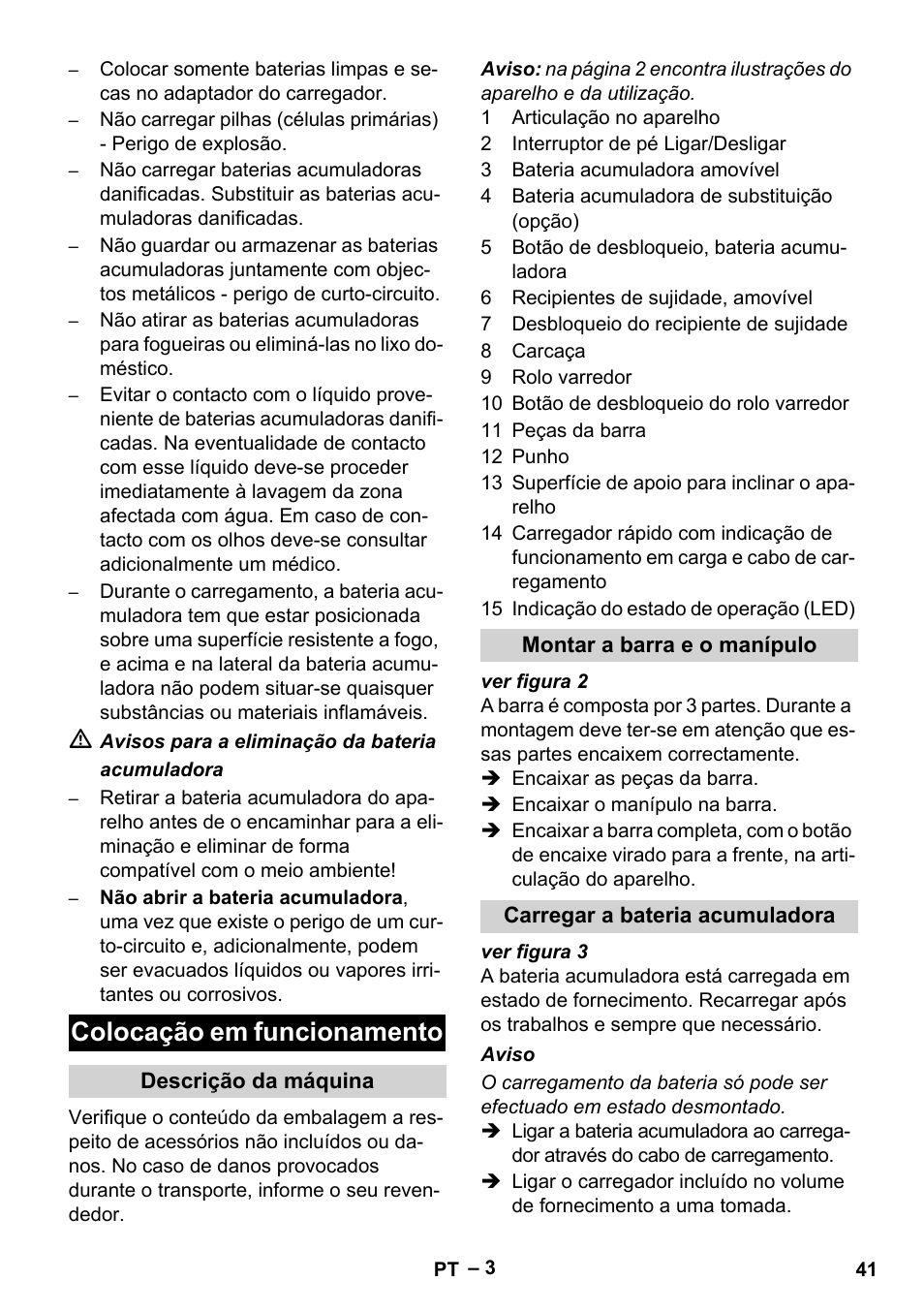 Colocação em funcionamento, Descrição da máquina, Montar a barra e o manípulo | Carregar a bateria acumuladora | Karcher KM 35-5 C User Manual | Page 41 / 172