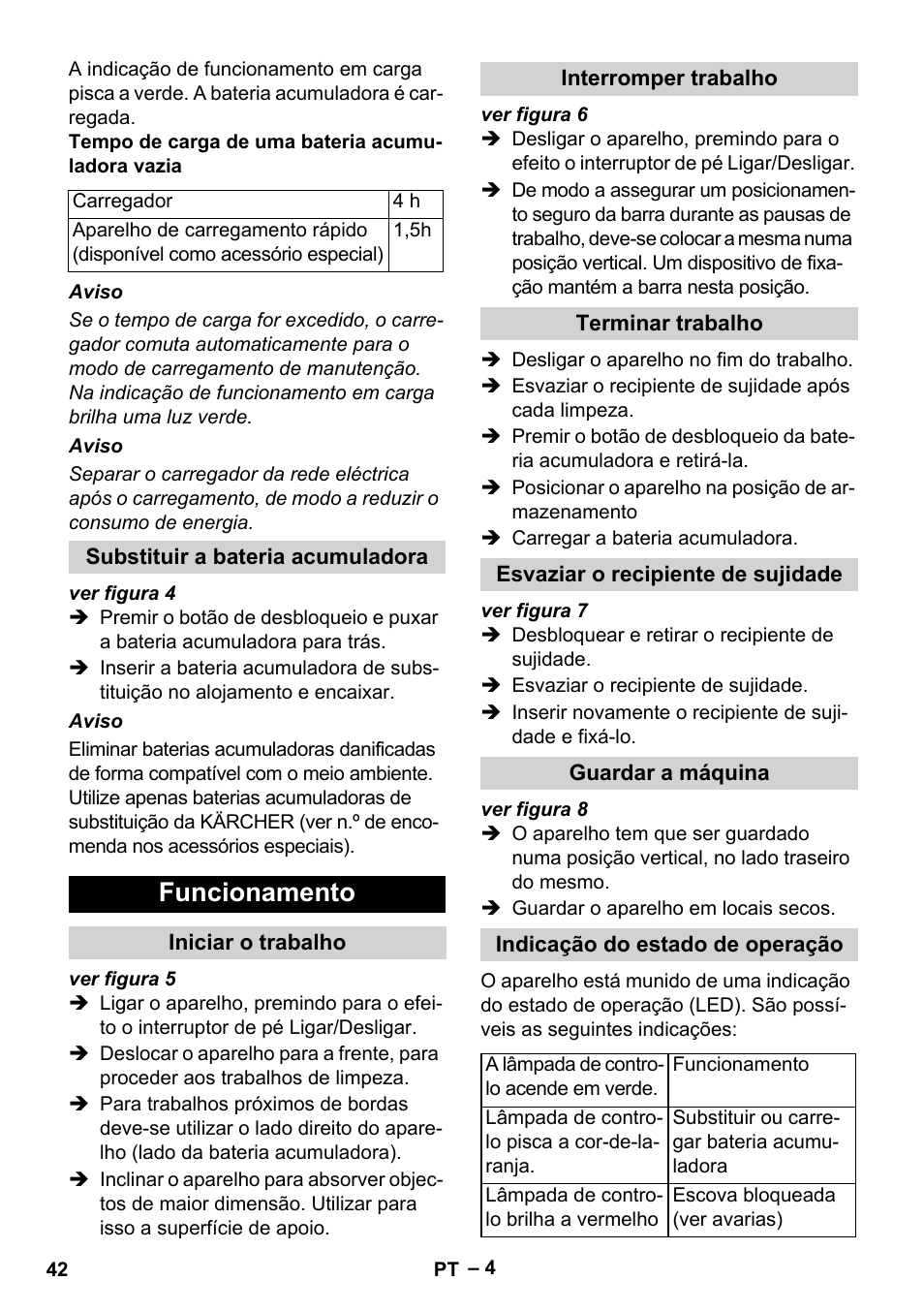 Substituir a bateria acumuladora, Funcionamento, Iniciar o trabalho | Interromper trabalho, Terminar trabalho, Esvaziar o recipiente de sujidade, Guardar a máquina, Indicação do estado de operação | Karcher KM 35-5 C User Manual | Page 42 / 172