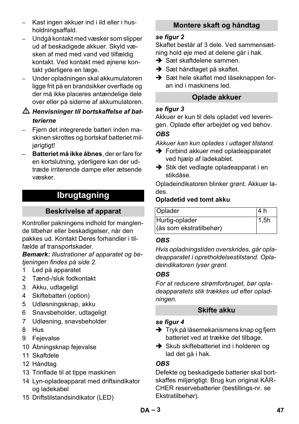 Ibrugtagning, Beskrivelse af apparat, Montere skaft og håndtag | Oplade akkuer, Skifte akku | Karcher KM 35-5 C User Manual | Page 47 / 172