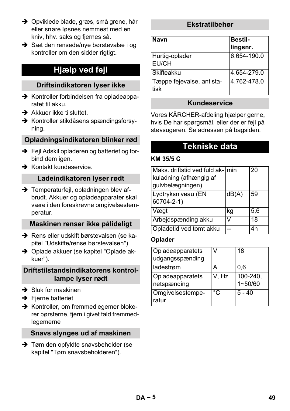 Hjælp ved fejl, Driftsindikatoren lyser ikke, Opladningsindikatoren blinker rød | Ladeindikatoren lyser rødt, Maskinen renser ikke pålideligt, Snavs slynges ud af maskinen, Ekstratilbehør, Kundeservice, Tekniske data | Karcher KM 35-5 C User Manual | Page 49 / 172