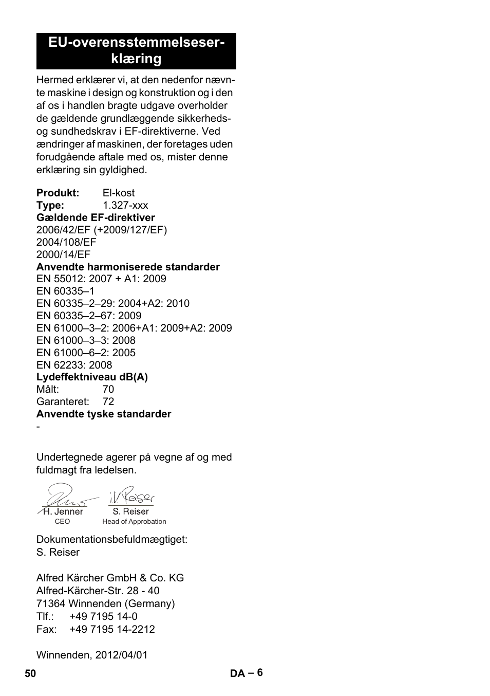 Eu-overensstemmelseserklæring, Eu-overensstemmelseser- klæring | Karcher KM 35-5 C User Manual | Page 50 / 172