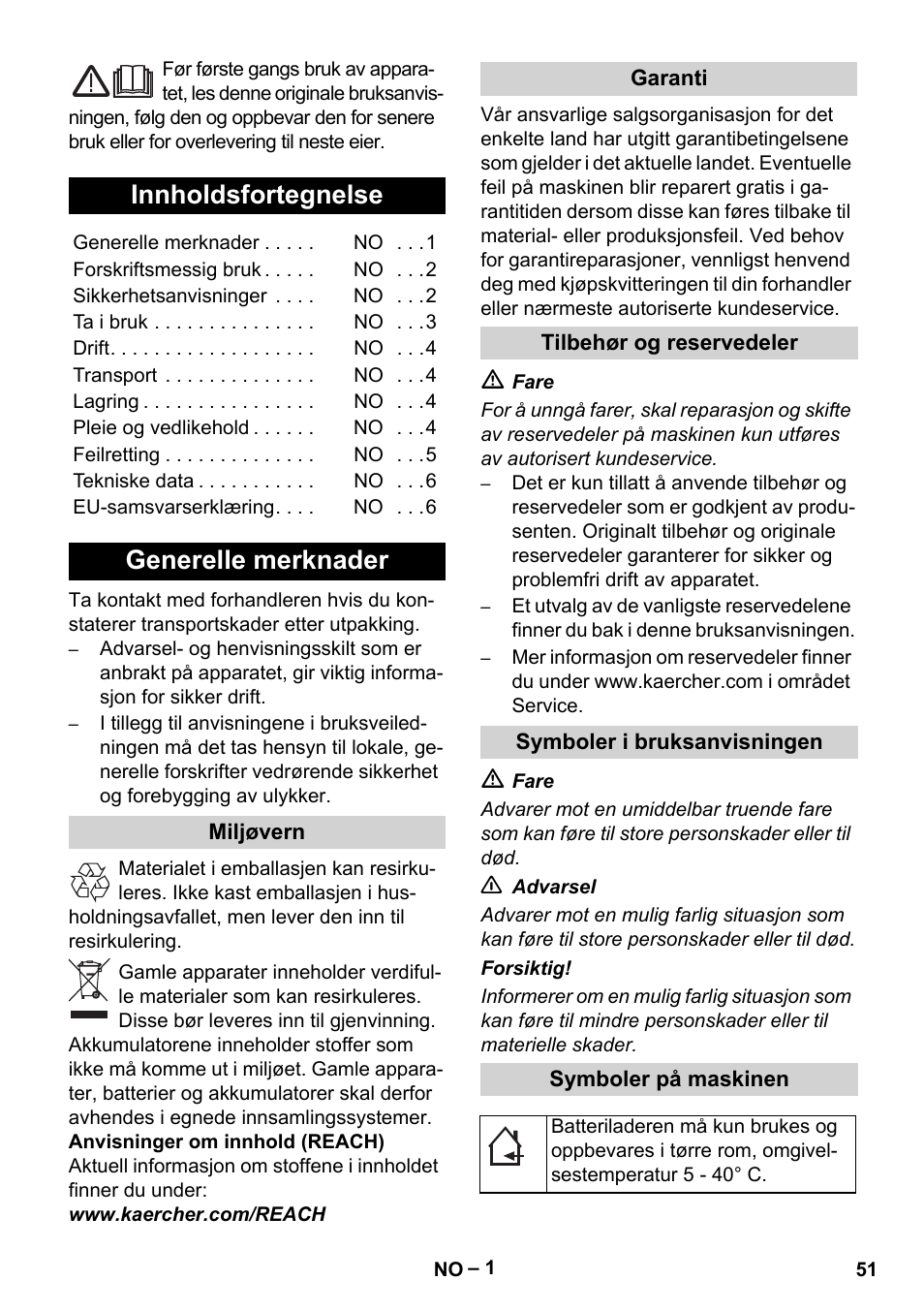 Norsk, Innholdsfortegnelse, Generelle merknader | Miljøvern, Garanti, Tilbehør og reservedeler, Symboler i bruksanvisningen, Symboler på maskinen | Karcher KM 35-5 C User Manual | Page 51 / 172