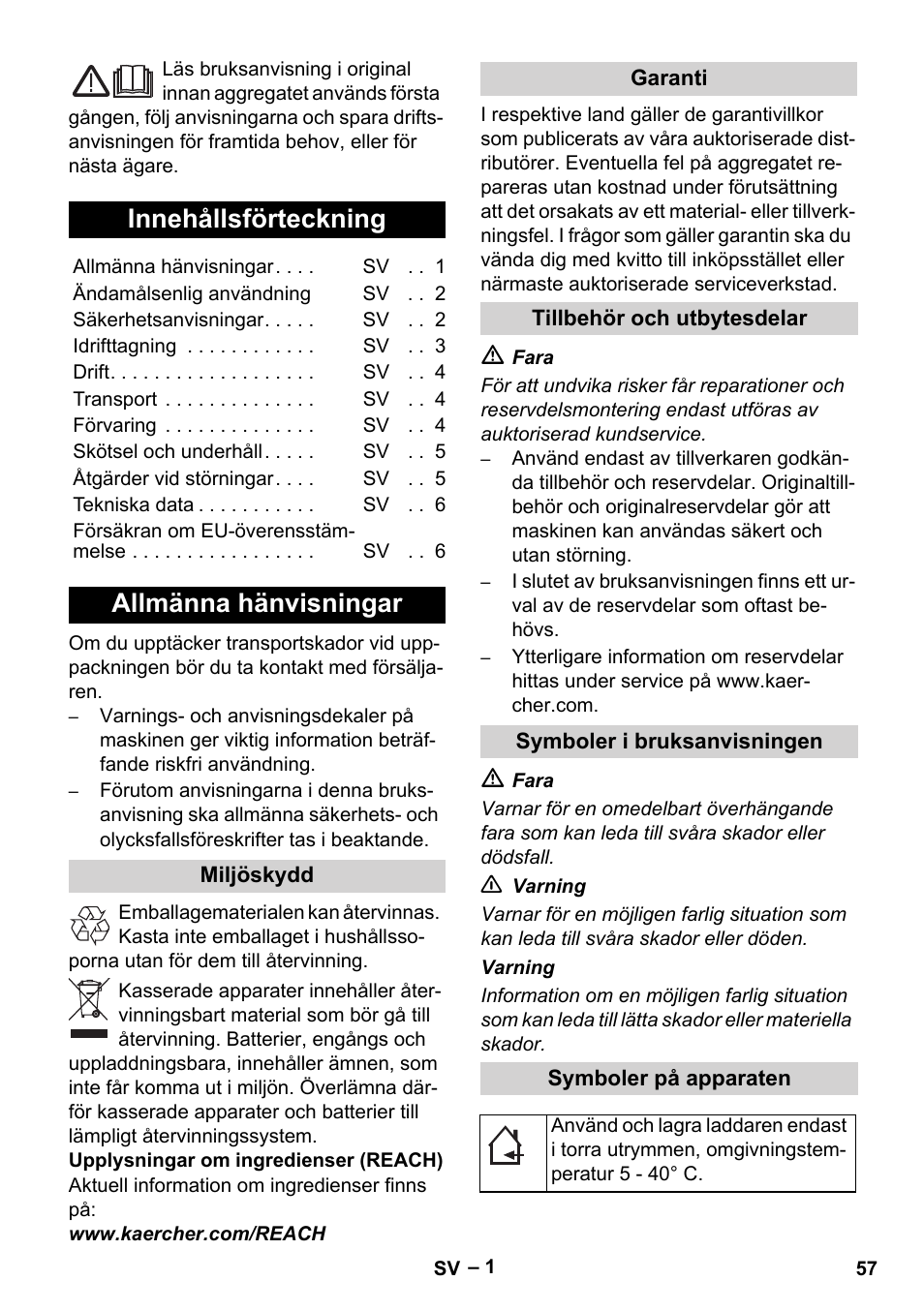 Svenska, Innehållsförteckning, Allmänna hänvisningar | Miljöskydd, Garanti, Tillbehör och utbytesdelar, Symboler i bruksanvisningen, Symboler på apparaten | Karcher KM 35-5 C User Manual | Page 57 / 172