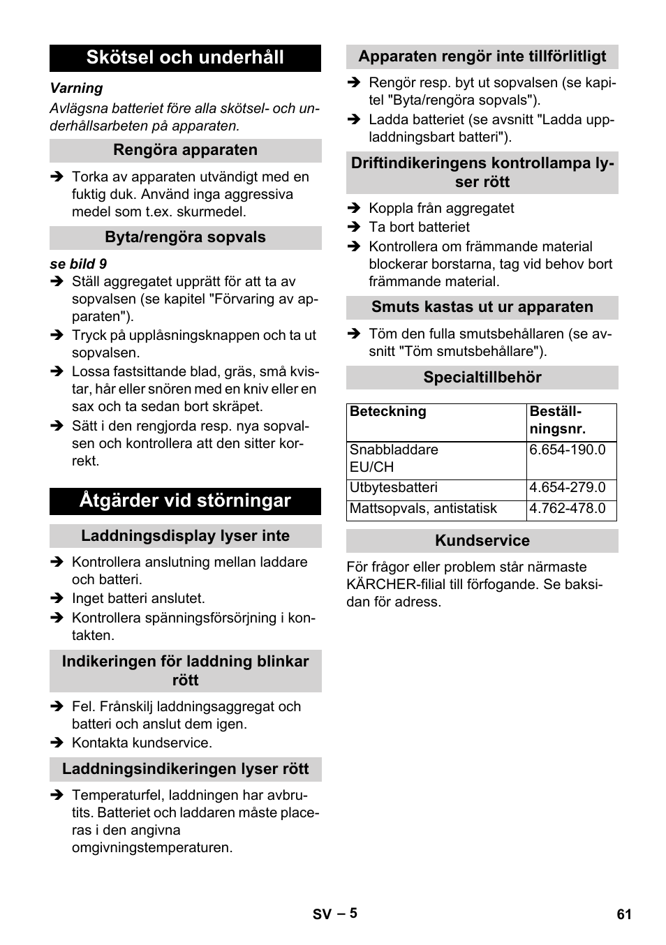 Skötsel och underhåll, Rengöra apparaten, Byta/rengöra sopvals | Åtgärder vid störningar, Laddningsdisplay lyser inte, Indikeringen för laddning blinkar rött, Laddningsindikeringen lyser rött, Apparaten rengör inte tillförlitligt, Driftindikeringens kontrollampa lyser rött, Smuts kastas ut ur apparaten | Karcher KM 35-5 C User Manual | Page 61 / 172