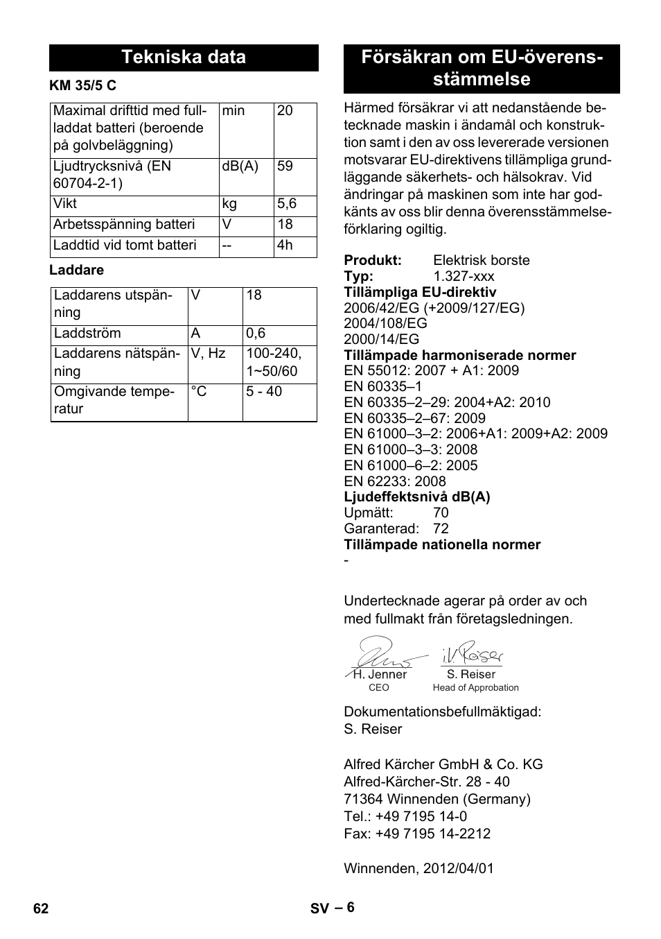 Tekniska data, Försäkran om eu-överensstämmelse, Försäkran om eu-överens- stämmelse | Karcher KM 35-5 C User Manual | Page 62 / 172