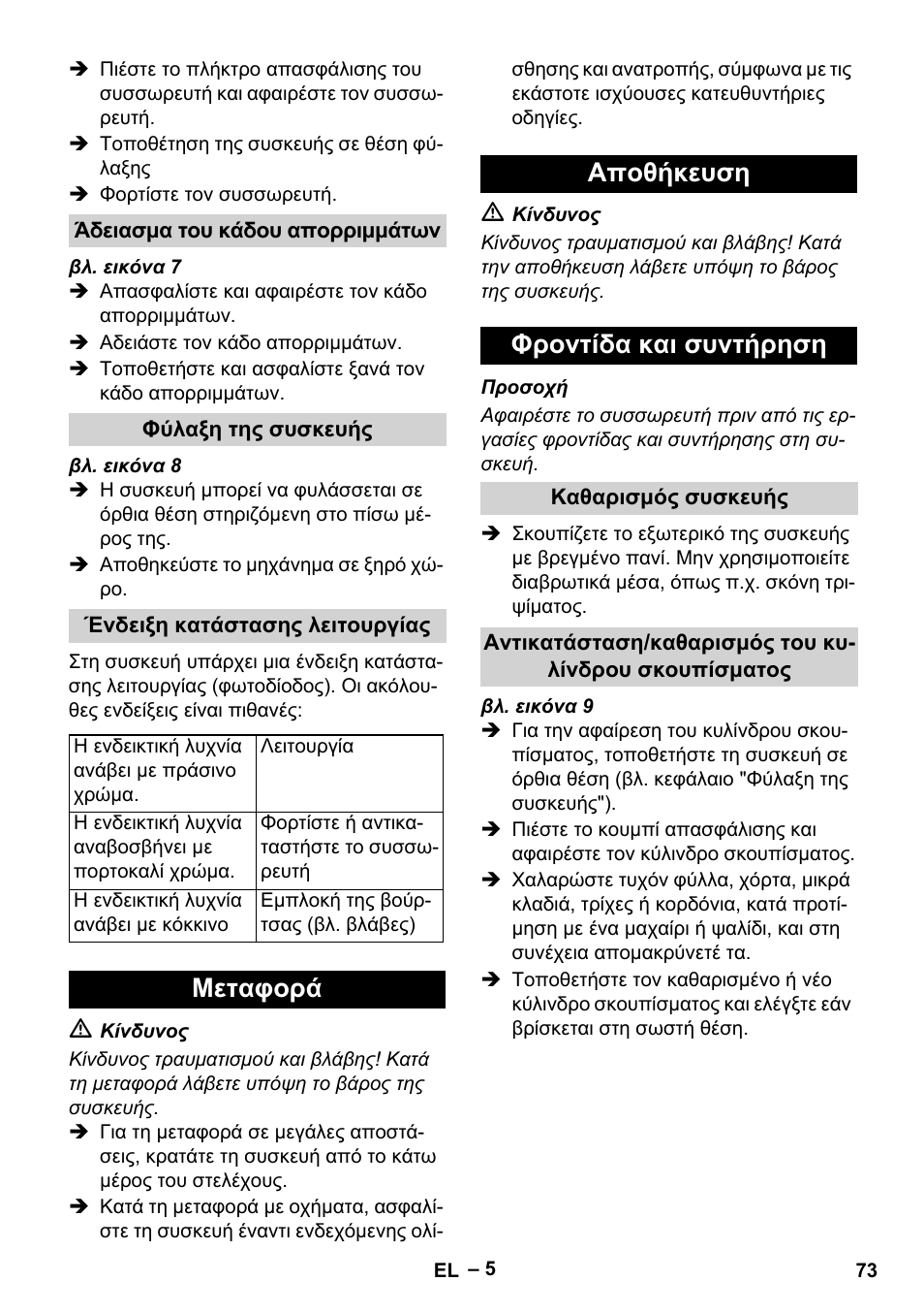 Άδειασμα του κάδου απορριμμάτων, Φύλαξη της συσκευής, Ένδειξη κατάστασης λειτουργίας | Μεταφορά, Αποθήκευση, Φροντίδα και συντήρηση, Καθαρισμός συσκευής, Μεταφορά αποθήκευση φροντίδα και συντήρηση | Karcher KM 35-5 C User Manual | Page 73 / 172