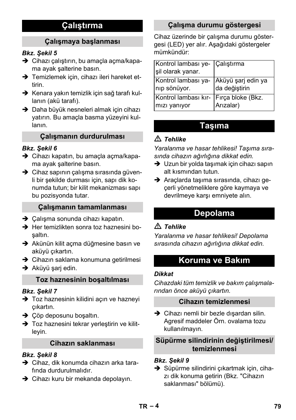 Çalıştırma, Çalışmaya başlanması, Çalışmanın durdurulması | Çalışmanın tamamlanması, Toz haznesinin boşaltılması, Cihazın saklanması, Çalışma durumu göstergesi, Taşıma, Depolama, Koruma ve bakım | Karcher KM 35-5 C User Manual | Page 79 / 172