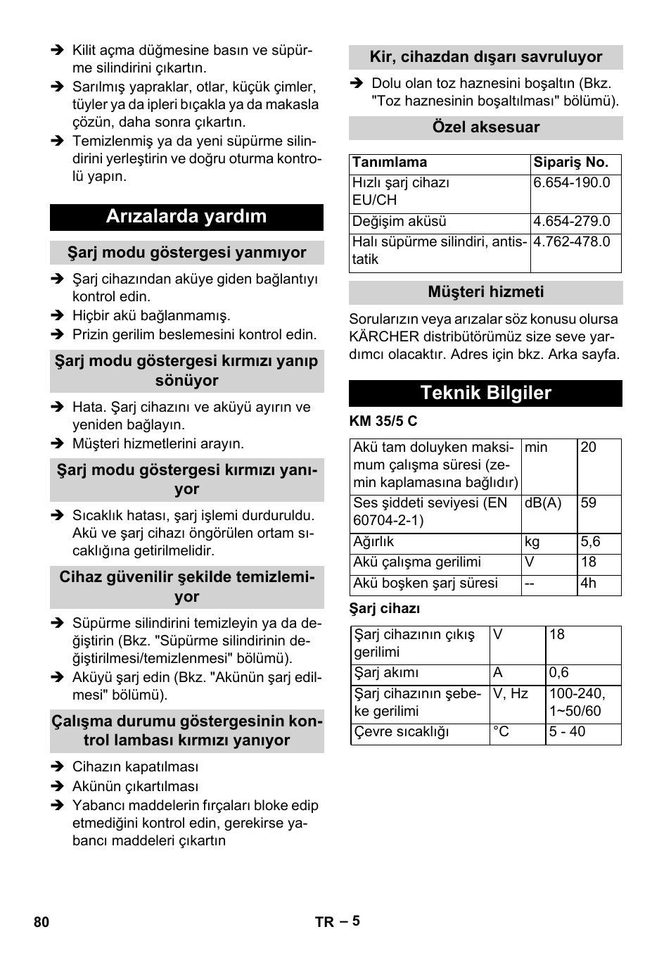 Arızalarda yardım, Şarj modu göstergesi yanmıyor, Şarj modu göstergesi kırmızı yanıp sönüyor | Şarj modu göstergesi kırmızı yanıyor, Cihaz güvenilir şekilde temizlemiyor, Kir, cihazdan dışarı savruluyor, Özel aksesuar, Müşteri hizmeti, Teknik bilgiler | Karcher KM 35-5 C User Manual | Page 80 / 172