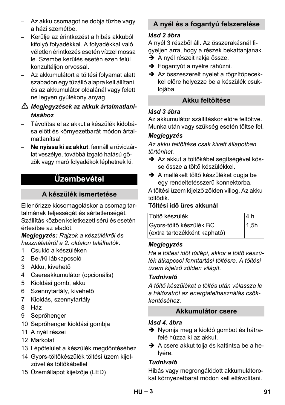 Üzembevétel, A készülék ismertetése, A nyél és a fogantyú felszerelése | Akku feltöltése, Akkumulátor csere | Karcher KM 35-5 C User Manual | Page 91 / 172