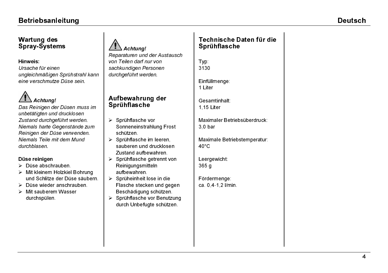 Wartung des spray-systems, Aufbewahrung der sprühflasche, Technische daten für die sprühflasche | Karcher BDP 50-1500C User Manual | Page 4 / 10