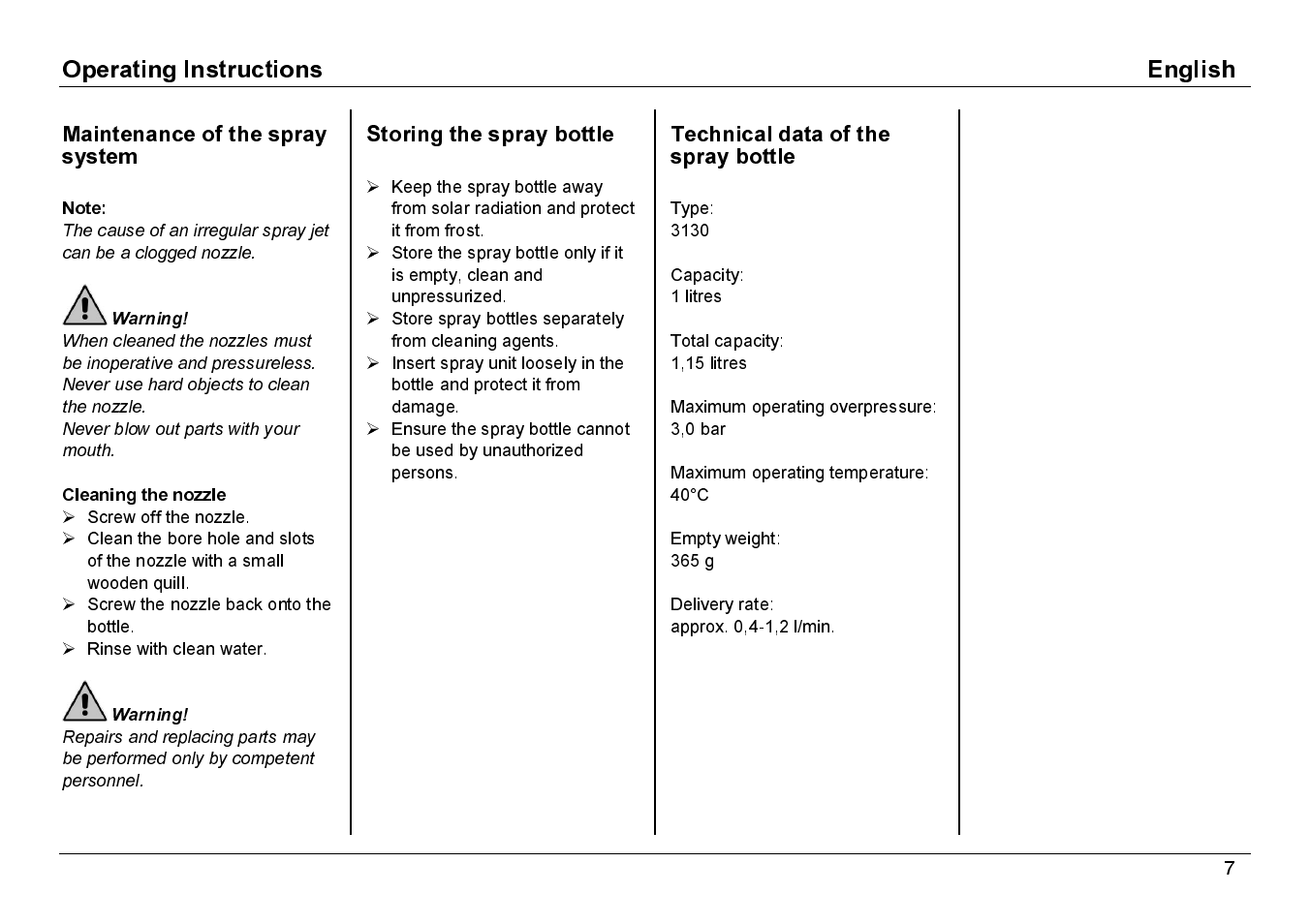 Maintenance of the spray system, Storing the spray bottle, Technical data of the spray bottle | Karcher BDP 50-1500C User Manual | Page 7 / 10