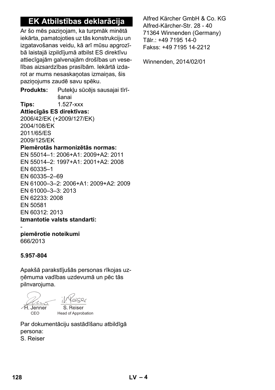 Ek atbilstības deklarācija | Karcher T 10-1 User Manual | Page 128 / 144