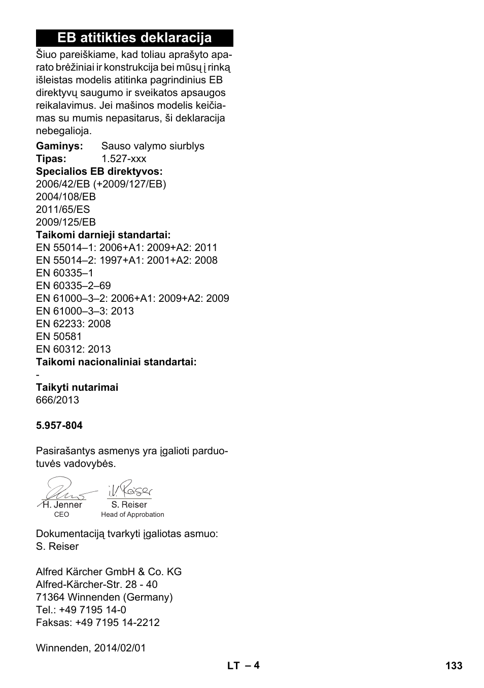 Eb atitikties deklaracija | Karcher T 10-1 User Manual | Page 133 / 144