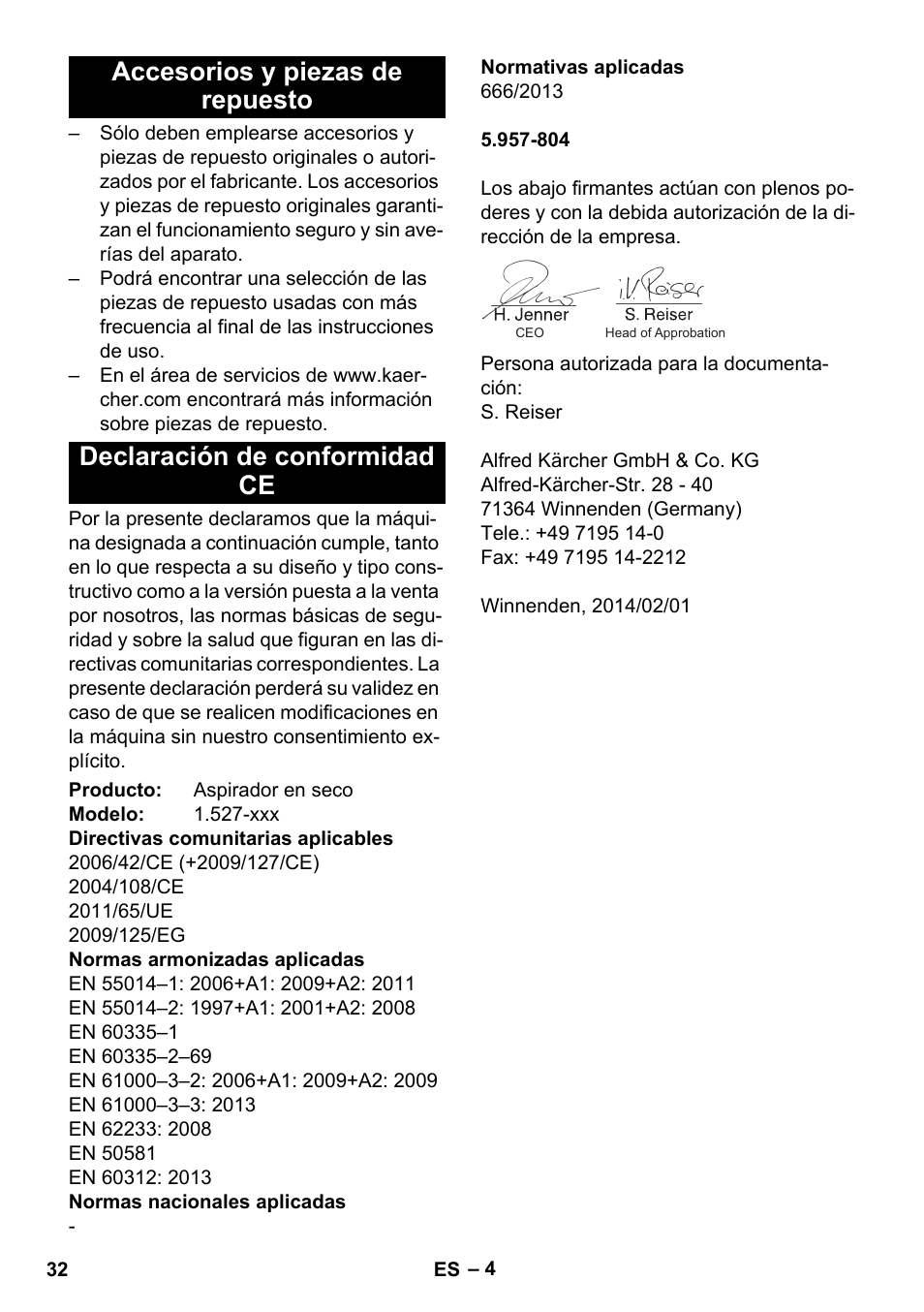 Accesorios y piezas de repuesto, Declaración de conformidad ce | Karcher T 10-1 User Manual | Page 32 / 144