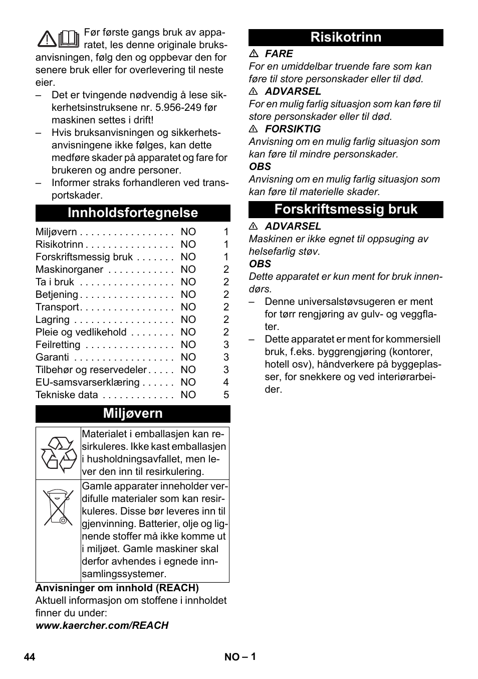 Norsk, Innholdsfortegnelse, Miljøvern | Risikotrinn, Forskriftsmessig bruk, Risikotrinn forskriftsmessig bruk | Karcher T 10-1 User Manual | Page 44 / 144