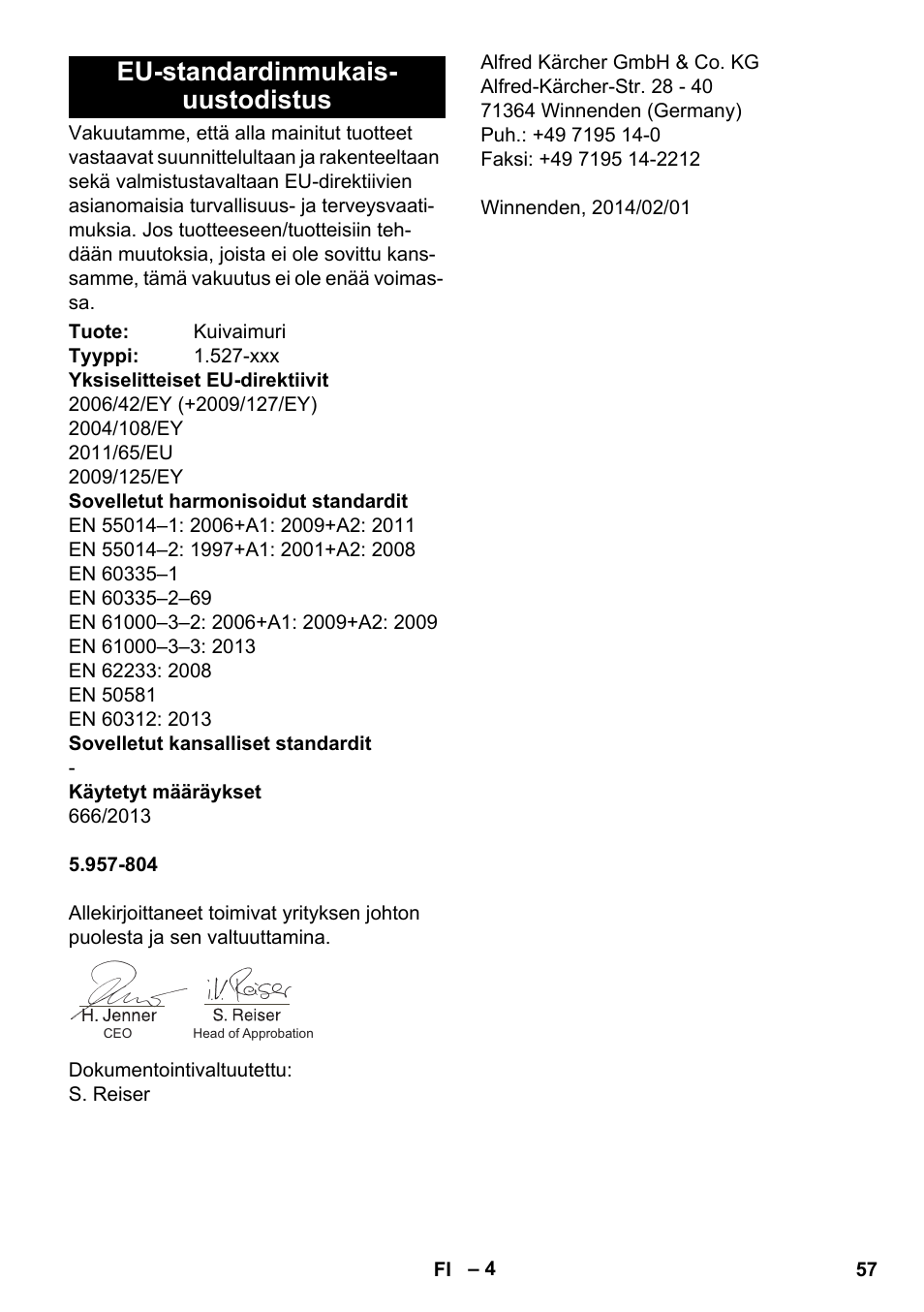 Eu-standardinmukais- uustodistus | Karcher T 10-1 User Manual | Page 57 / 144