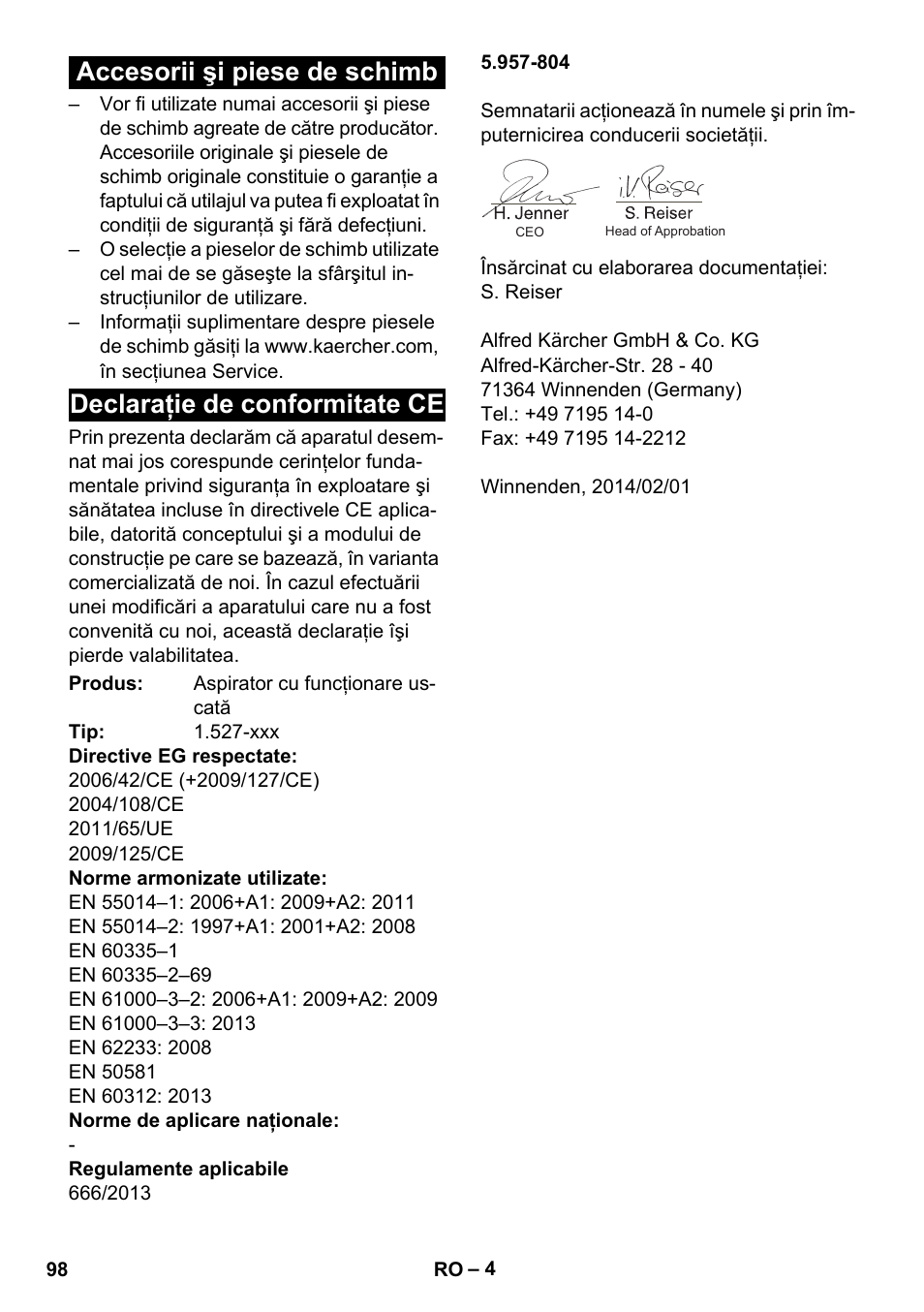 Accesorii şi piese de schimb, Declaraţie de conformitate ce | Karcher T 10-1 User Manual | Page 98 / 144