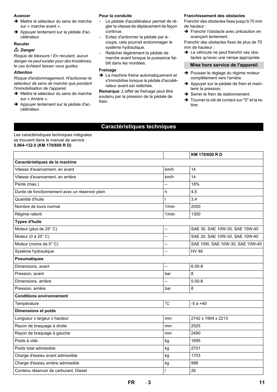 Caractéristiques techniques | Karcher KM 170-600 D User Manual | Page 11 / 92