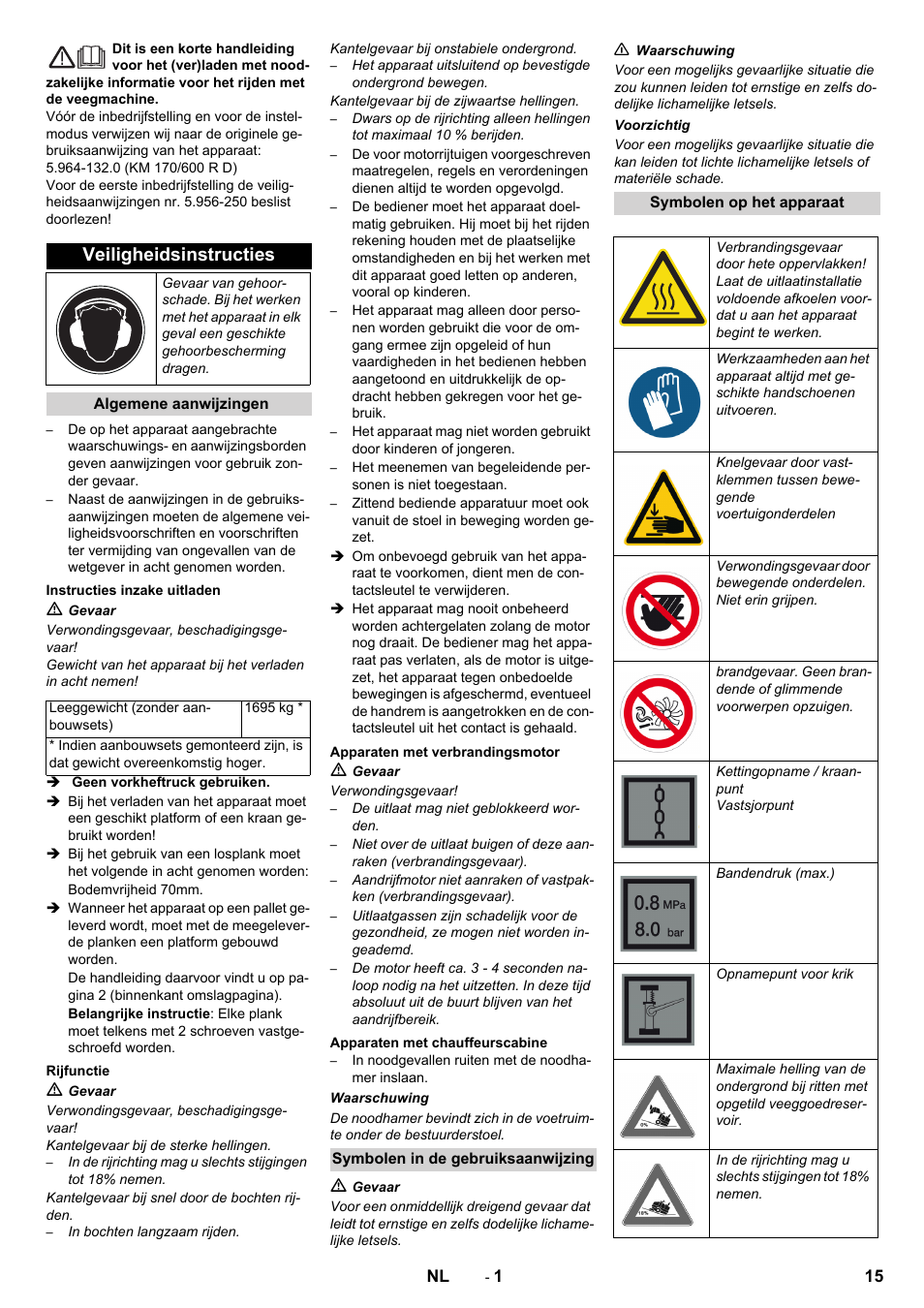 Nederlands, Veiligheidsinstructies | Karcher KM 170-600 D User Manual | Page 15 / 92
