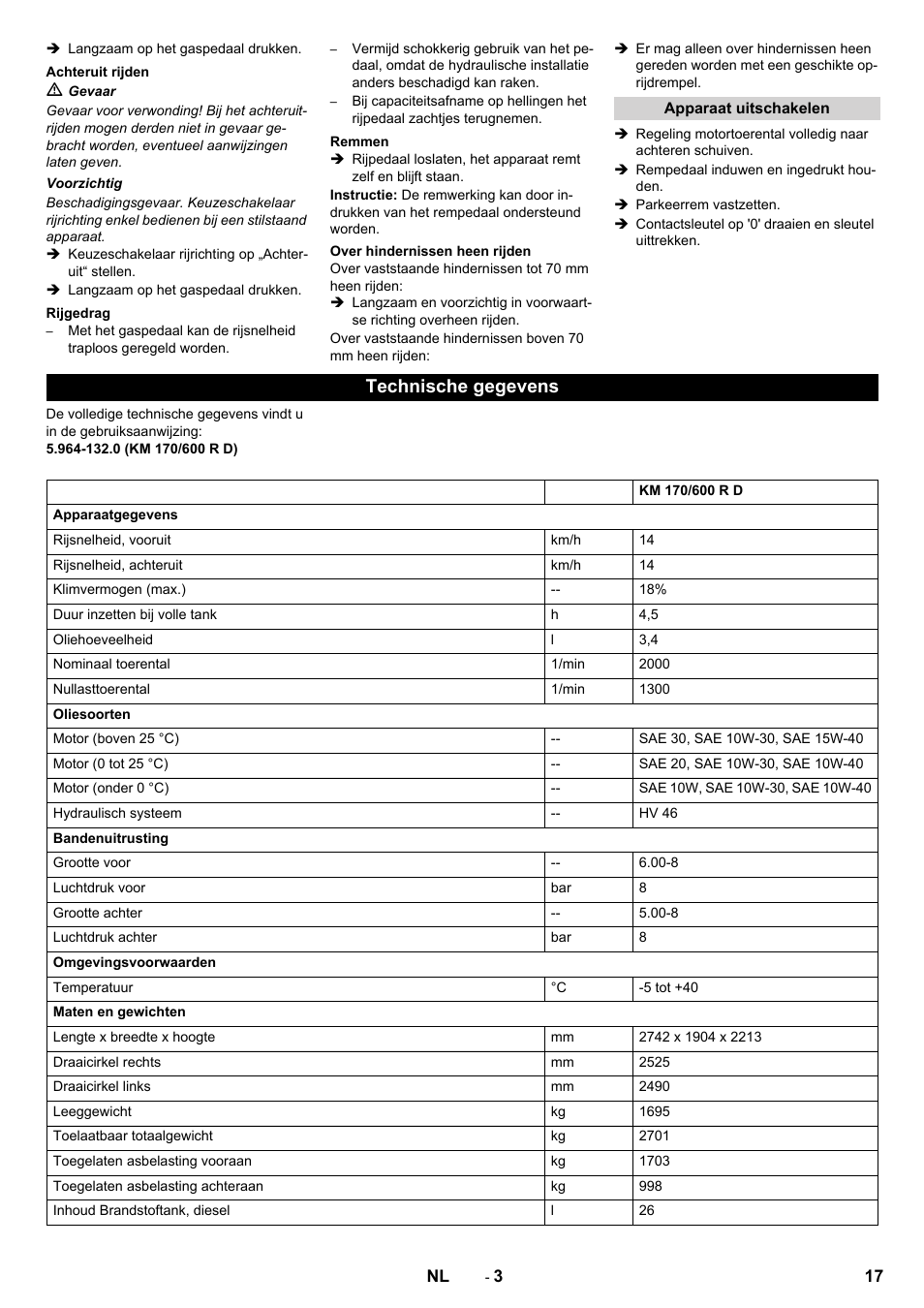 Technische gegevens | Karcher KM 170-600 D User Manual | Page 17 / 92