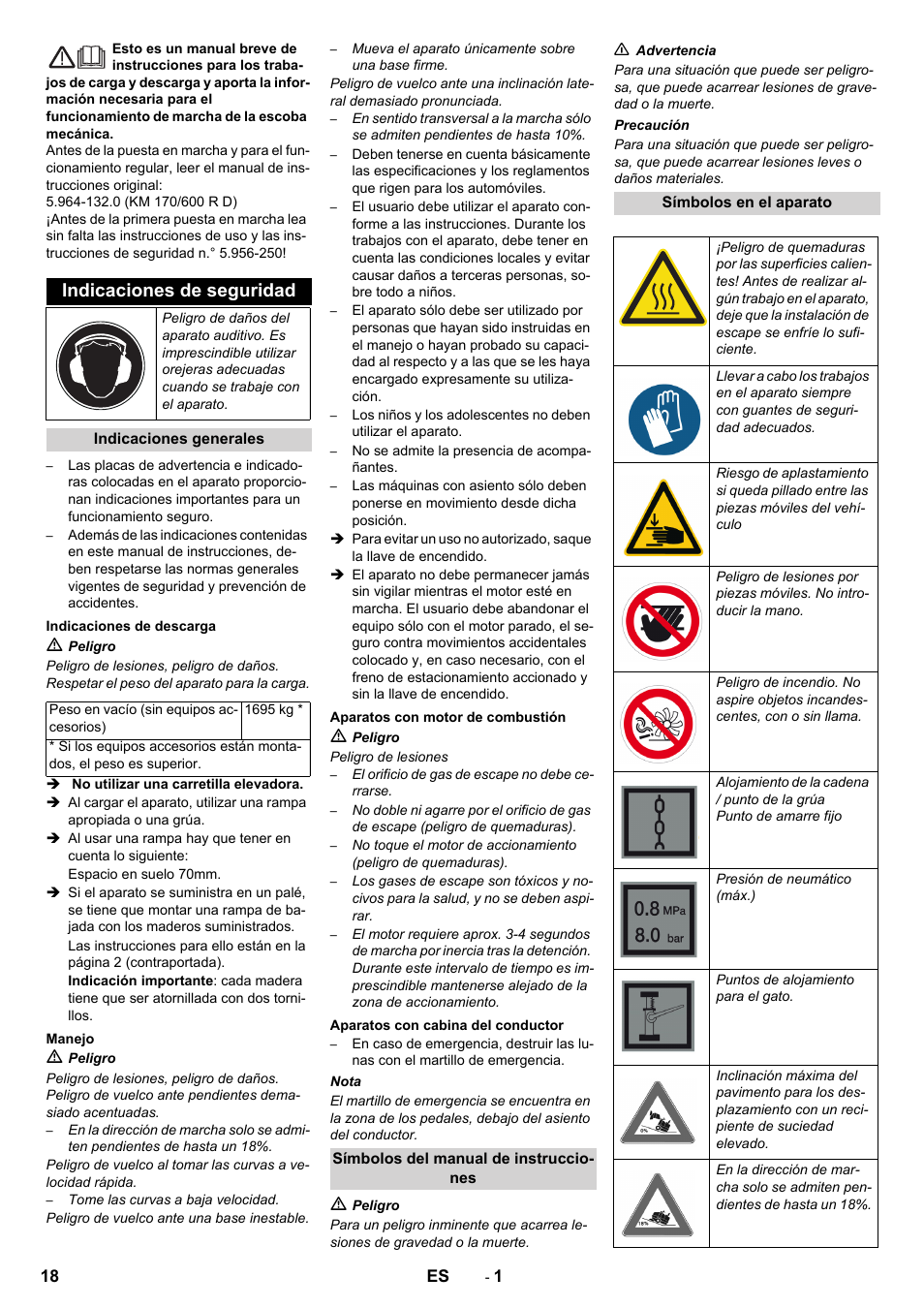 Español, Indicaciones de seguridad | Karcher KM 170-600 D User Manual | Page 18 / 92