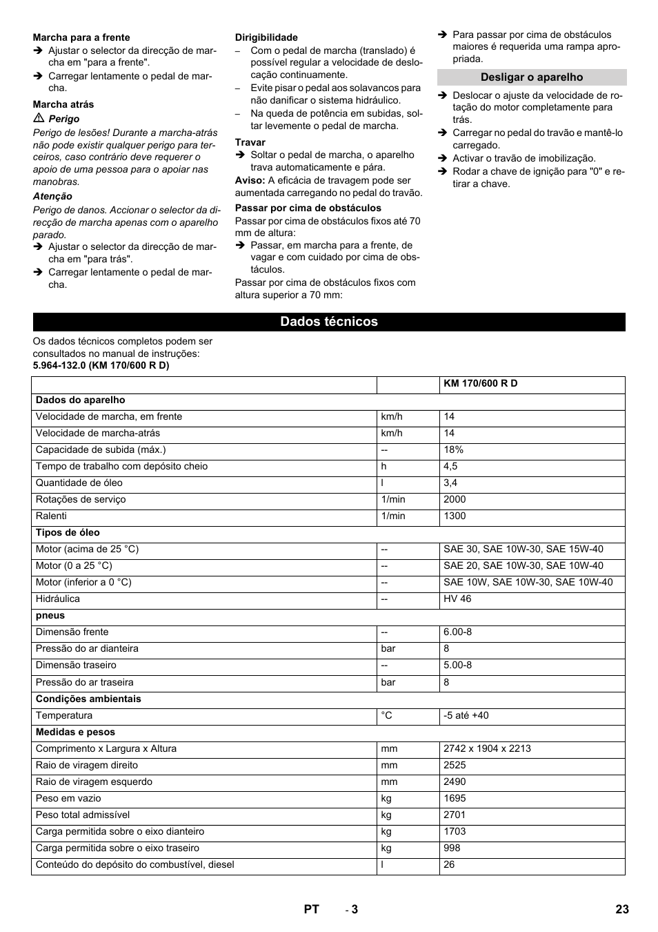 Dados técnicos | Karcher KM 170-600 D User Manual | Page 23 / 92